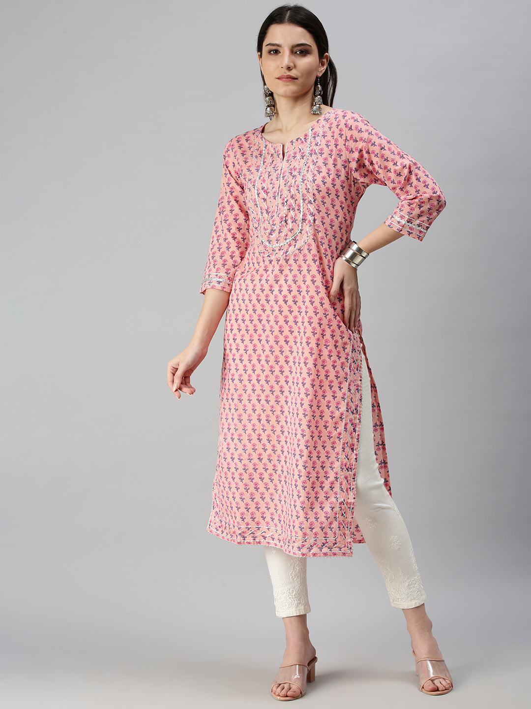 Women's Pink Floral Printed Straight Kurta