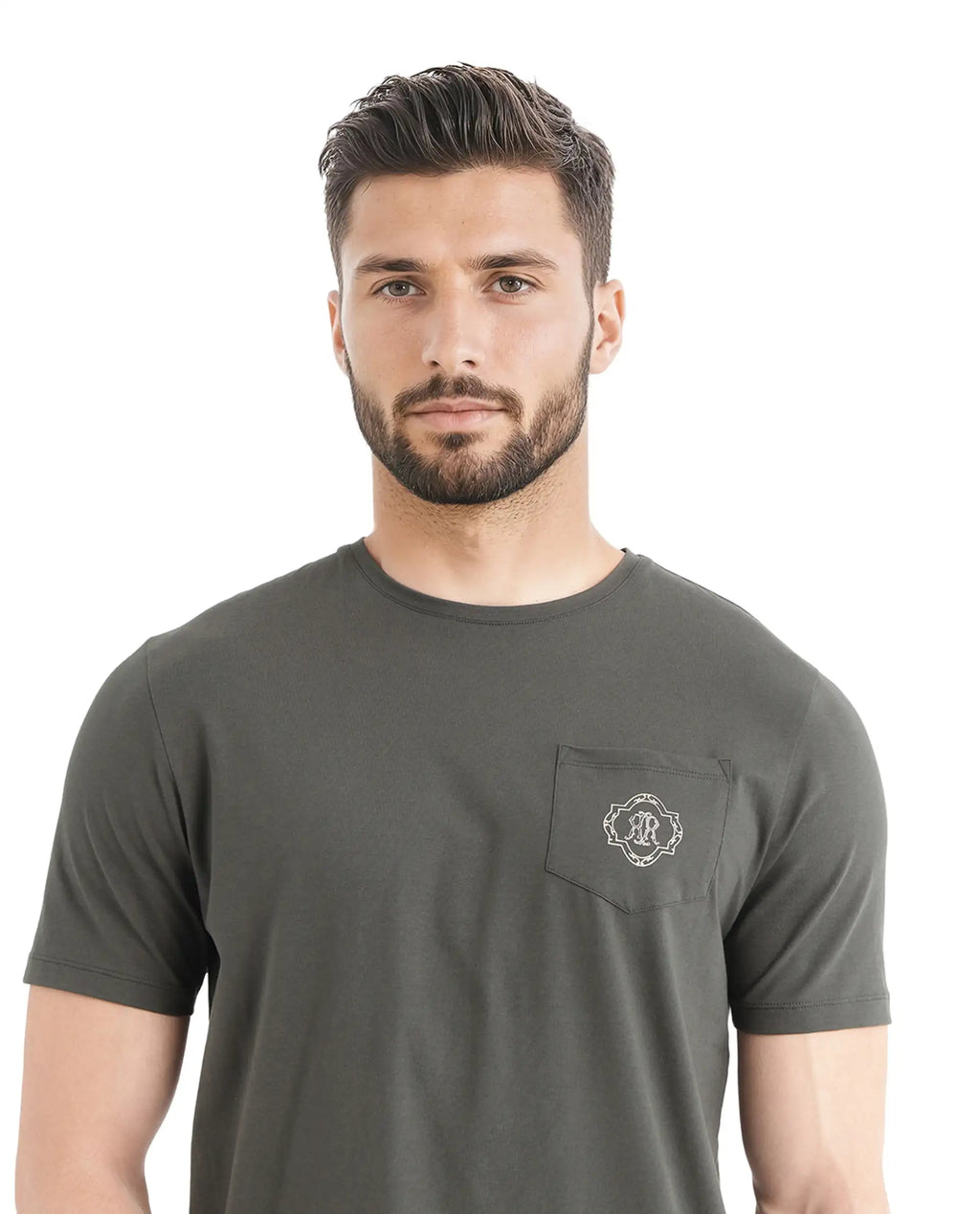 Rare Rabbit Men's Jeko Dark Green Cotton Embroidered Regular Fit Half Sleeve Crew Neck T-Shirt