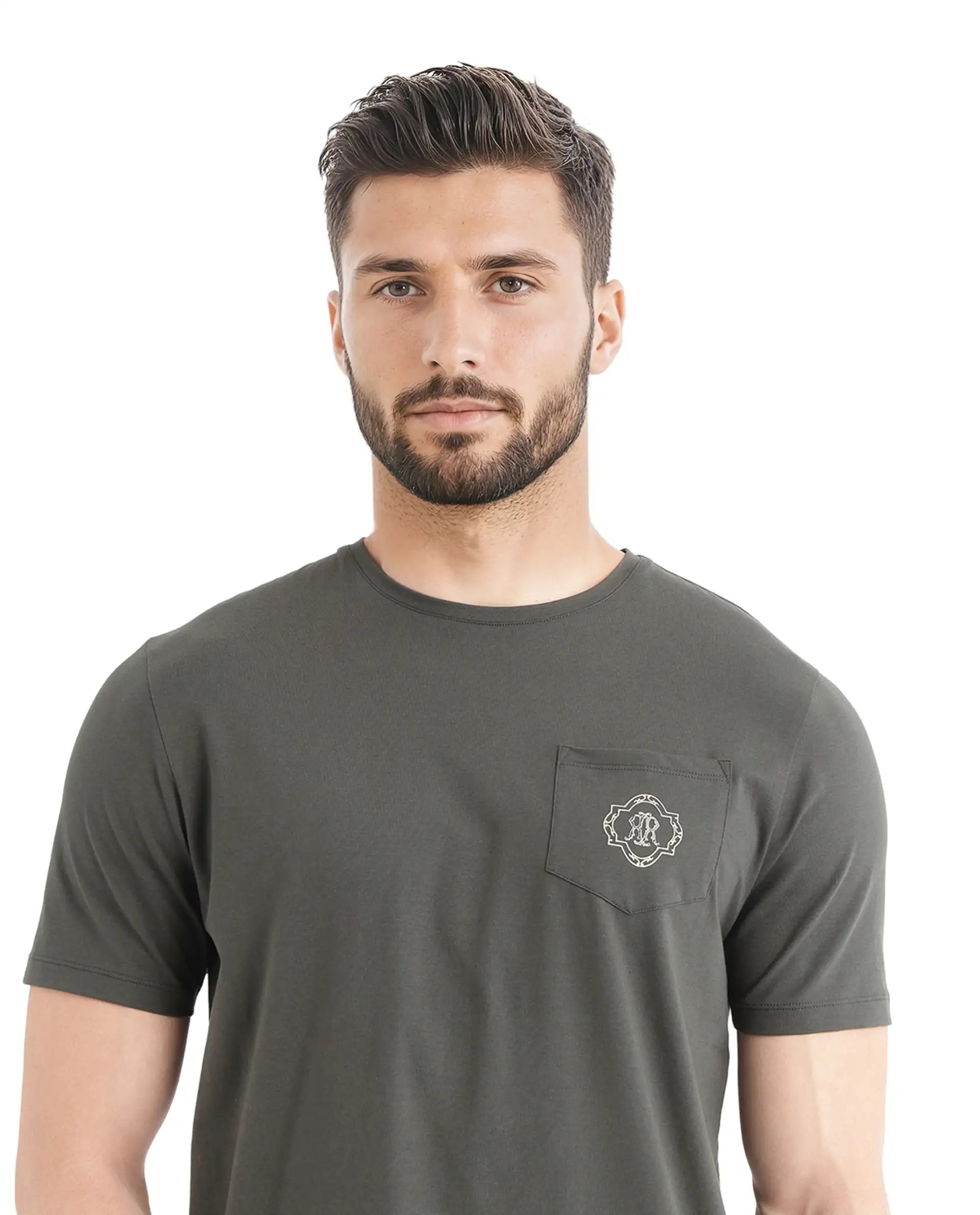 Rare Rabbit Men's Jeko Dark Green Cotton Embroidered Regular Fit Half Sleeve Crew Neck T-Shirt