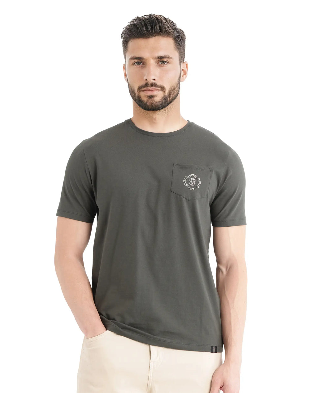 Rare Rabbit Men's Jeko Dark Green Cotton Embroidered Regular Fit Half Sleeve Crew Neck T-Shirt
