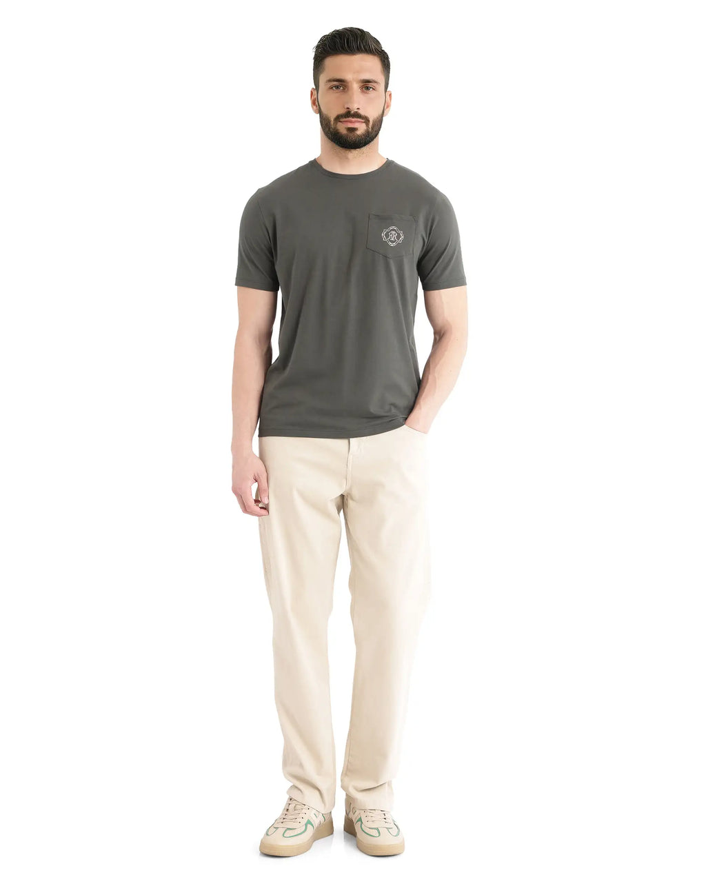 Rare Rabbit Men's Jeko Dark Green Cotton Embroidered Regular Fit Half Sleeve Crew Neck T-Shirt