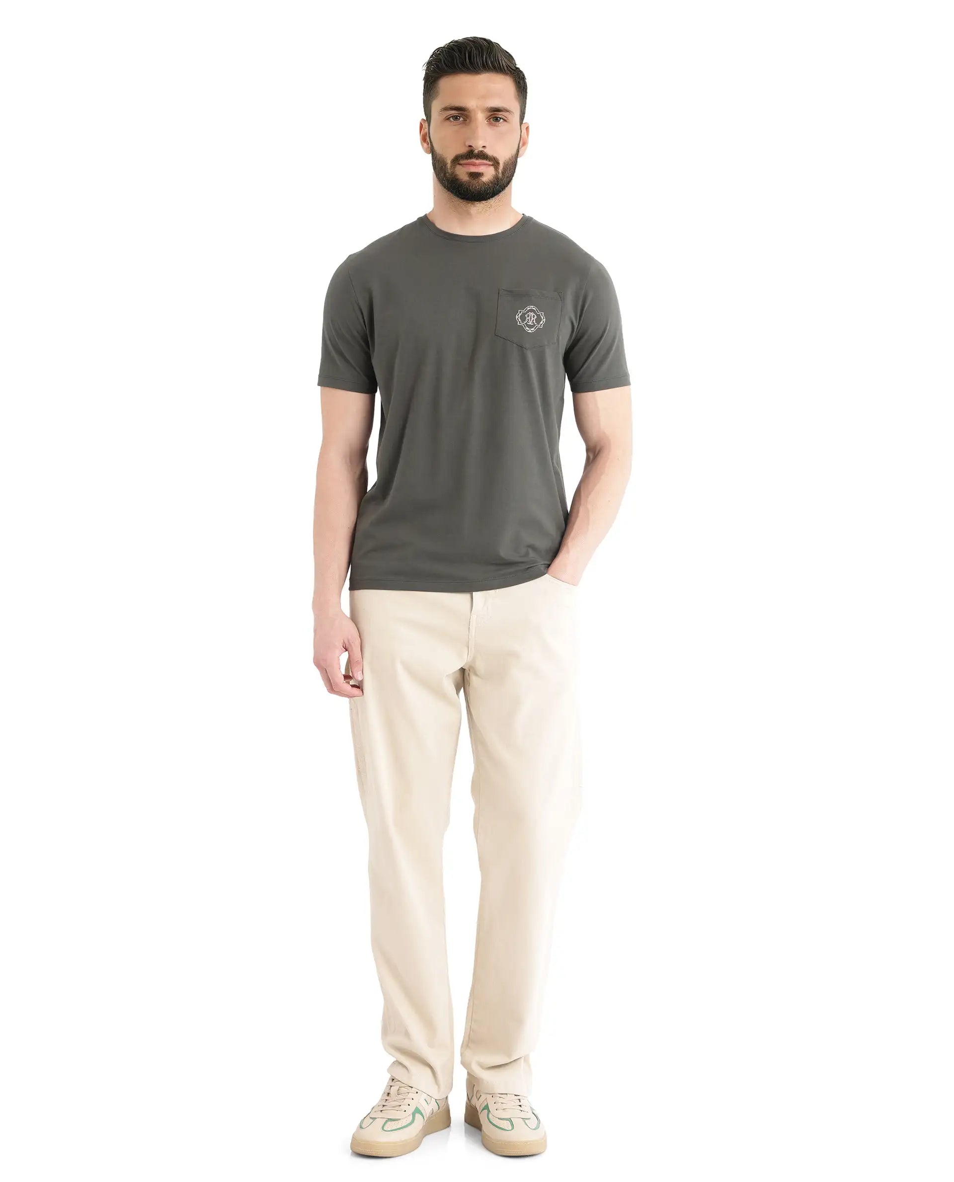 Rare Rabbit Men's Jeko Dark Green Cotton Embroidered Regular Fit Half Sleeve Crew Neck T-Shirt