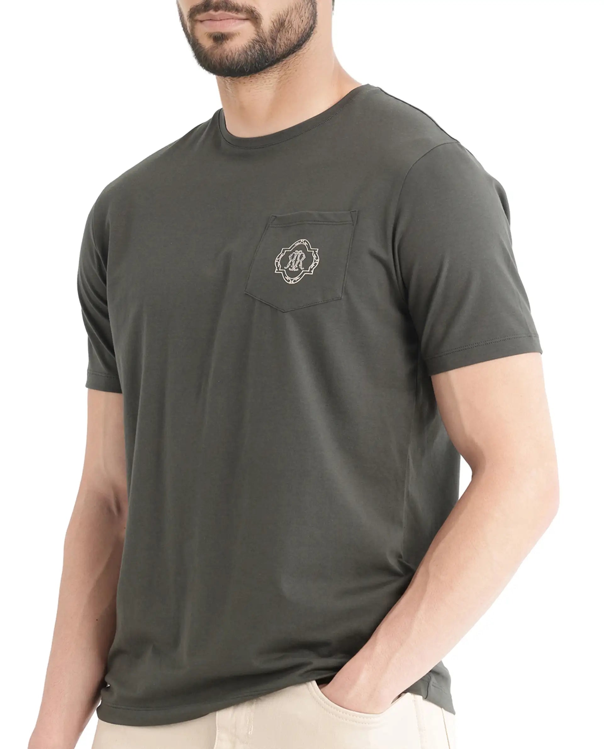 Rare Rabbit Men's Jeko Dark Green Cotton Embroidered Regular Fit Half Sleeve Crew Neck T-Shirt