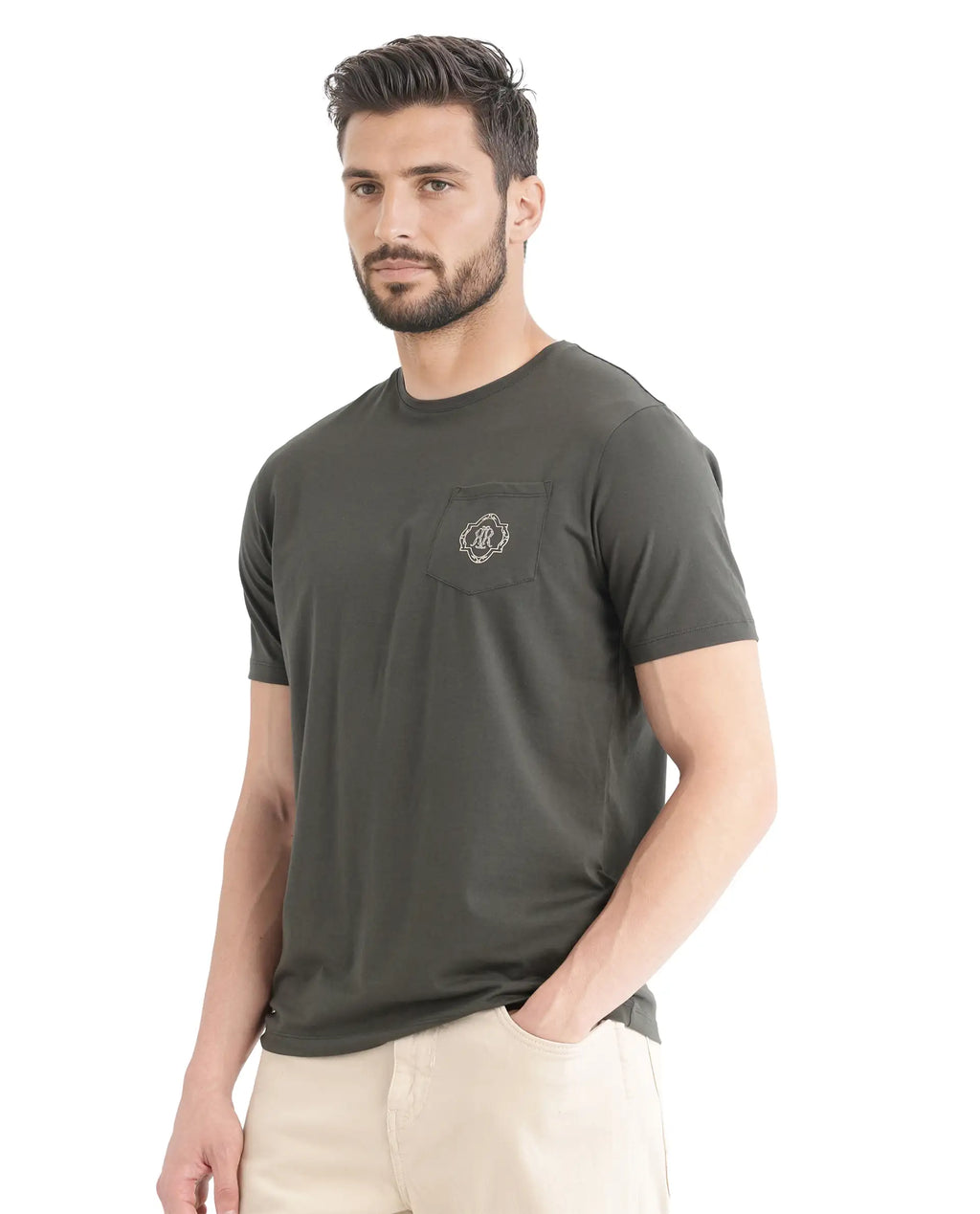 Rare Rabbit Men's Jeko Dark Green Cotton Embroidered Regular Fit Half Sleeve Crew Neck T-Shirt