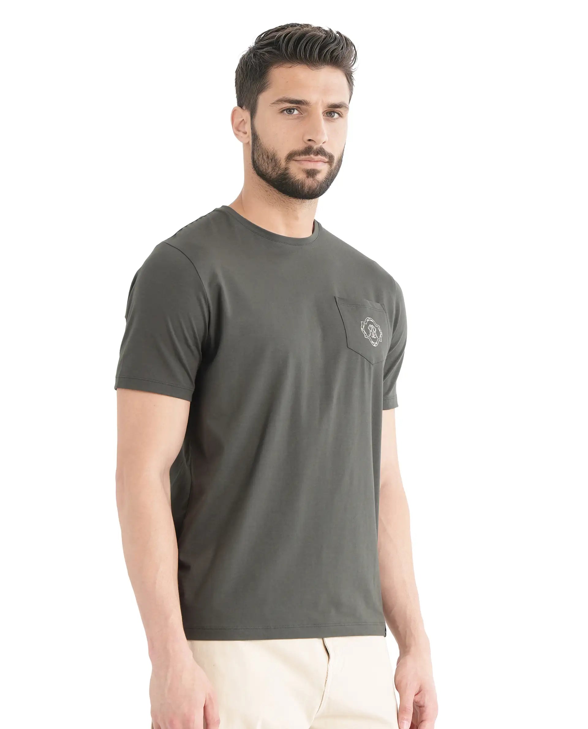 Rare Rabbit Men's Jeko Dark Green Cotton Embroidered Regular Fit Half Sleeve Crew Neck T-Shirt