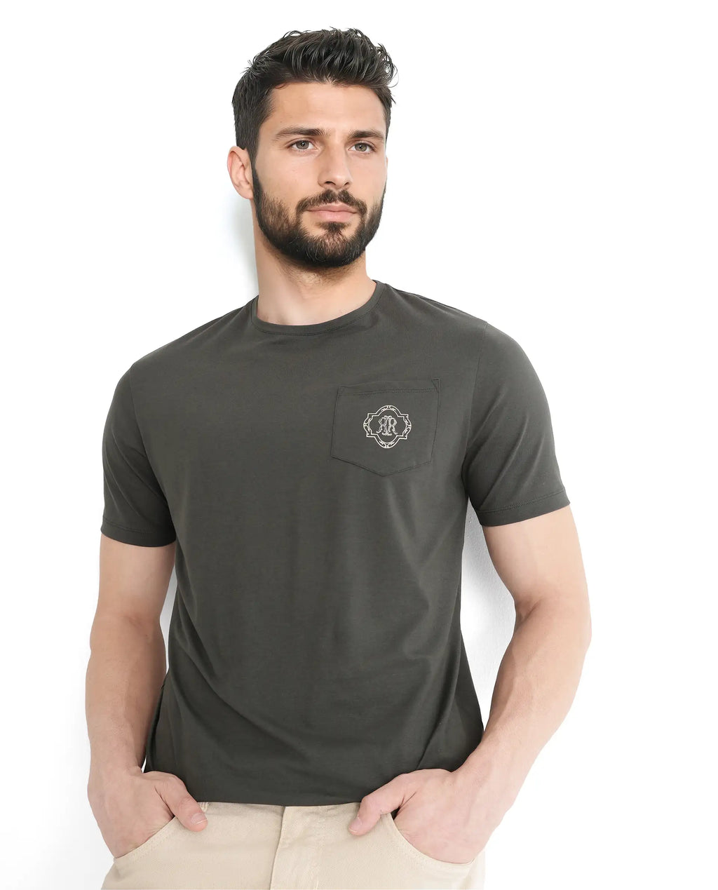 Rare Rabbit Men's Jeko Dark Green Cotton Embroidered Regular Fit Half Sleeve Crew Neck T-Shirt