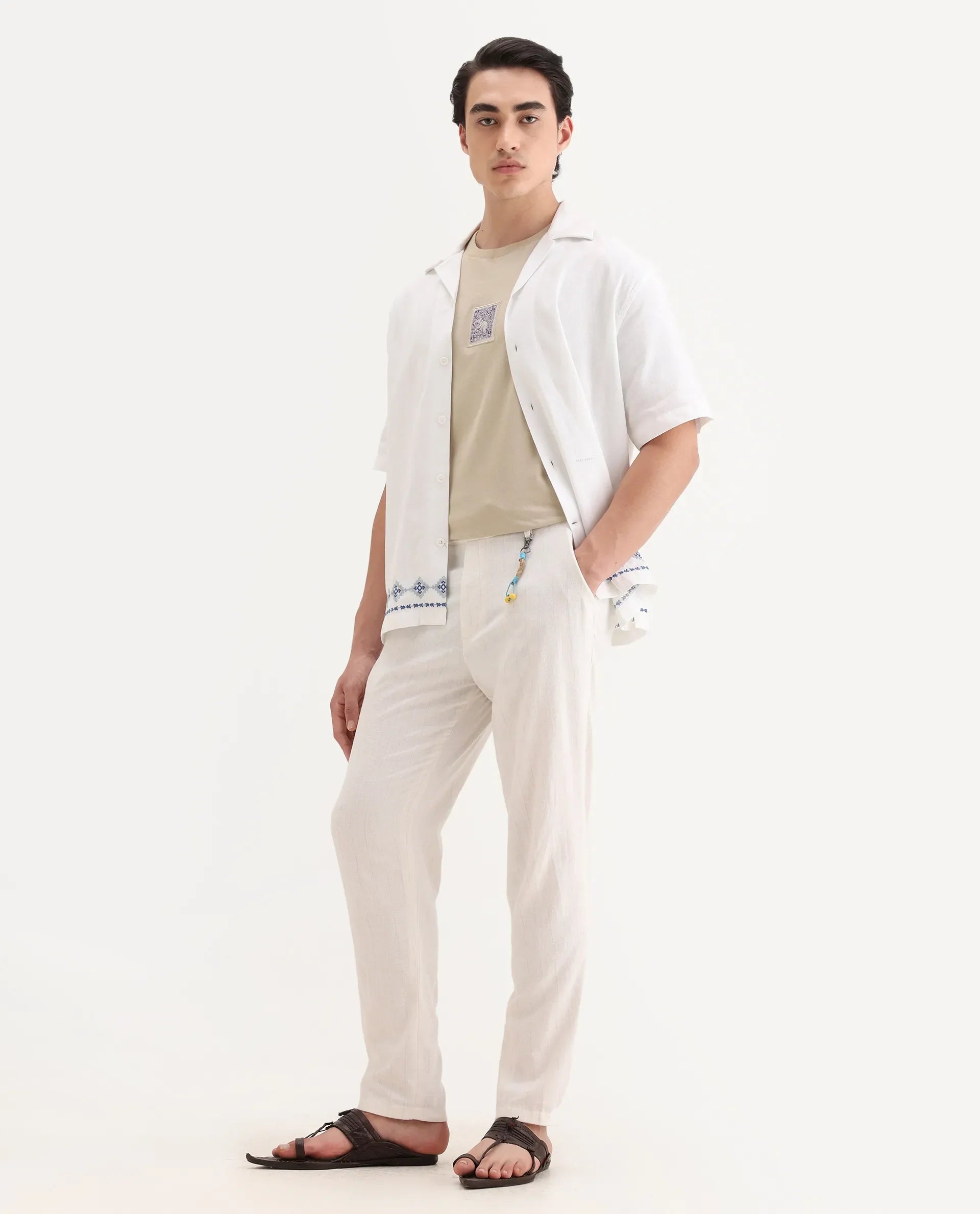 Rare Rabbit Men's Jlo Beige Cotton Blend Plain Relaxed Fit Trouser