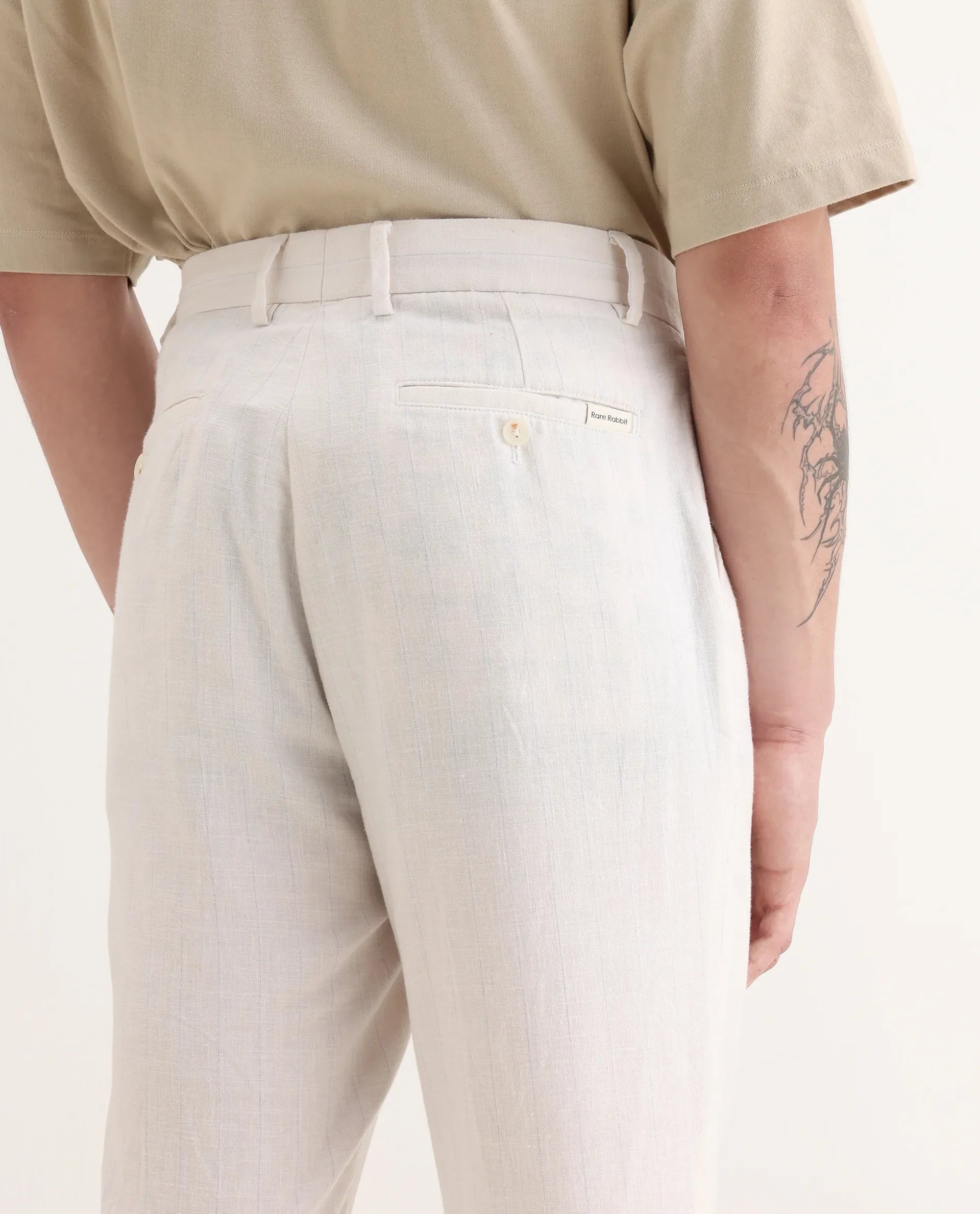 Rare Rabbit Men's Jlo Beige Cotton Blend Plain Relaxed Fit Trouser