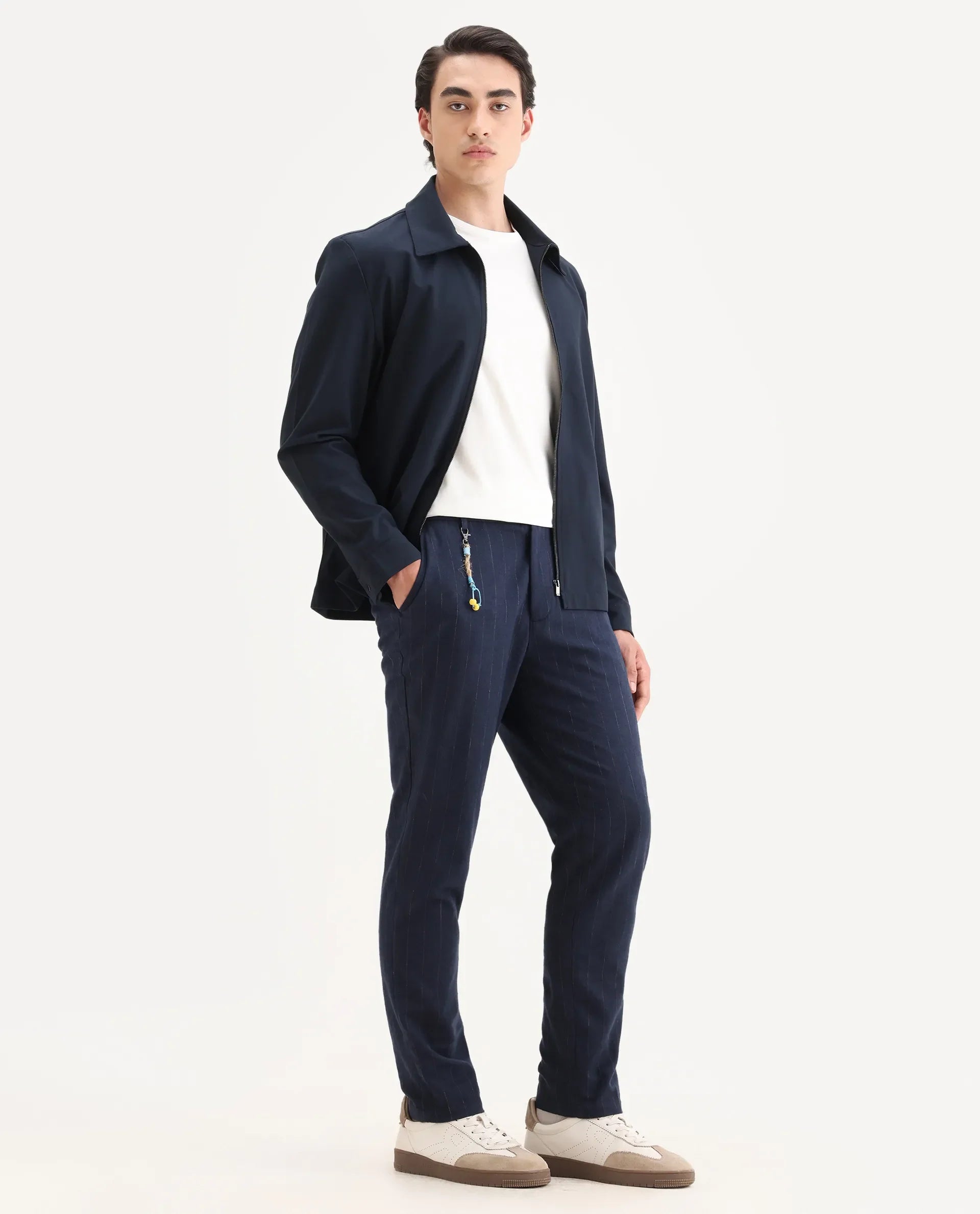 Rare Rabbit Men's Jlo Blue Cotton Blend Striped Print Relaxed Fit Trouser