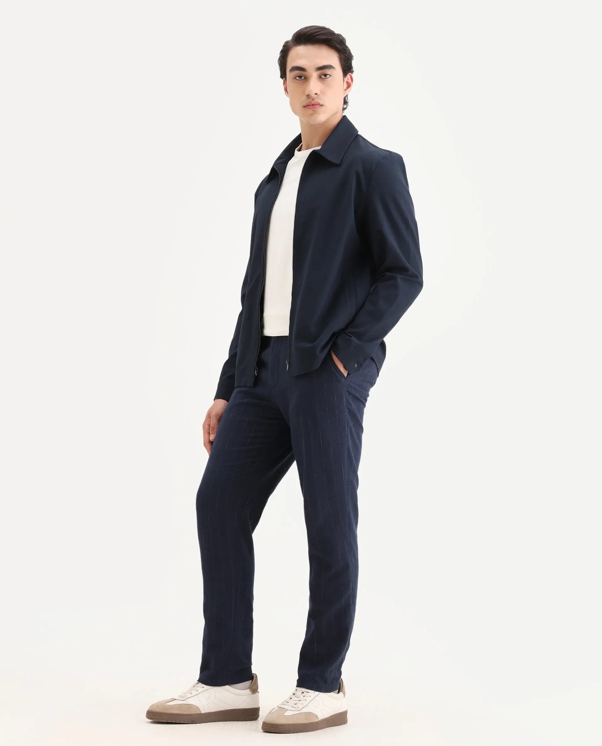 Rare Rabbit Men's Jlo Blue Cotton Blend Striped Print Relaxed Fit Trouser