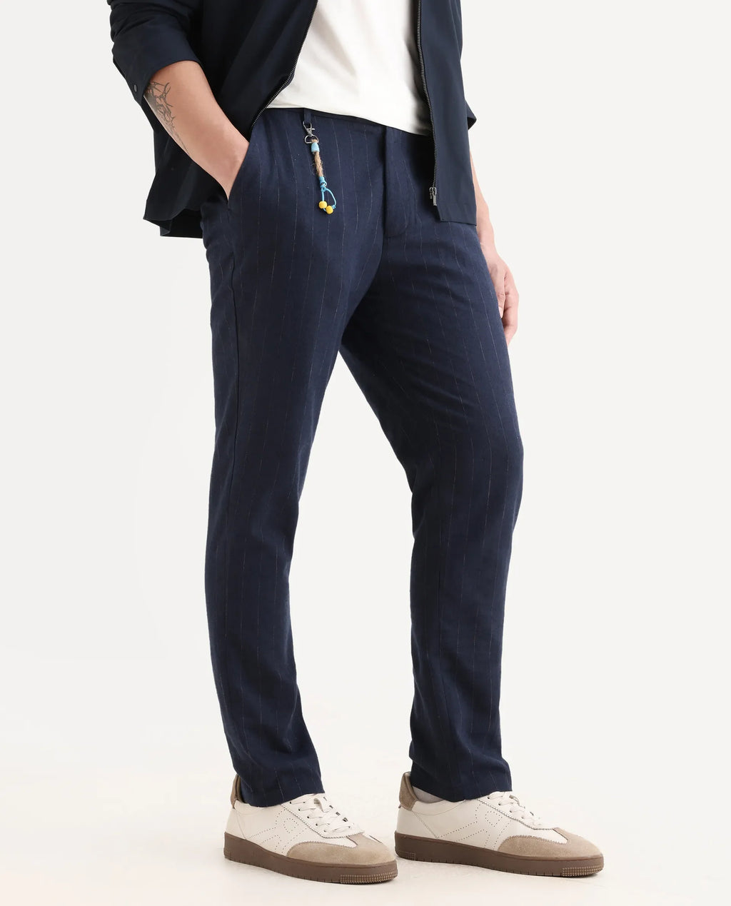 Rare Rabbit Men's Jlo Blue Cotton Blend Striped Print Relaxed Fit Trouser