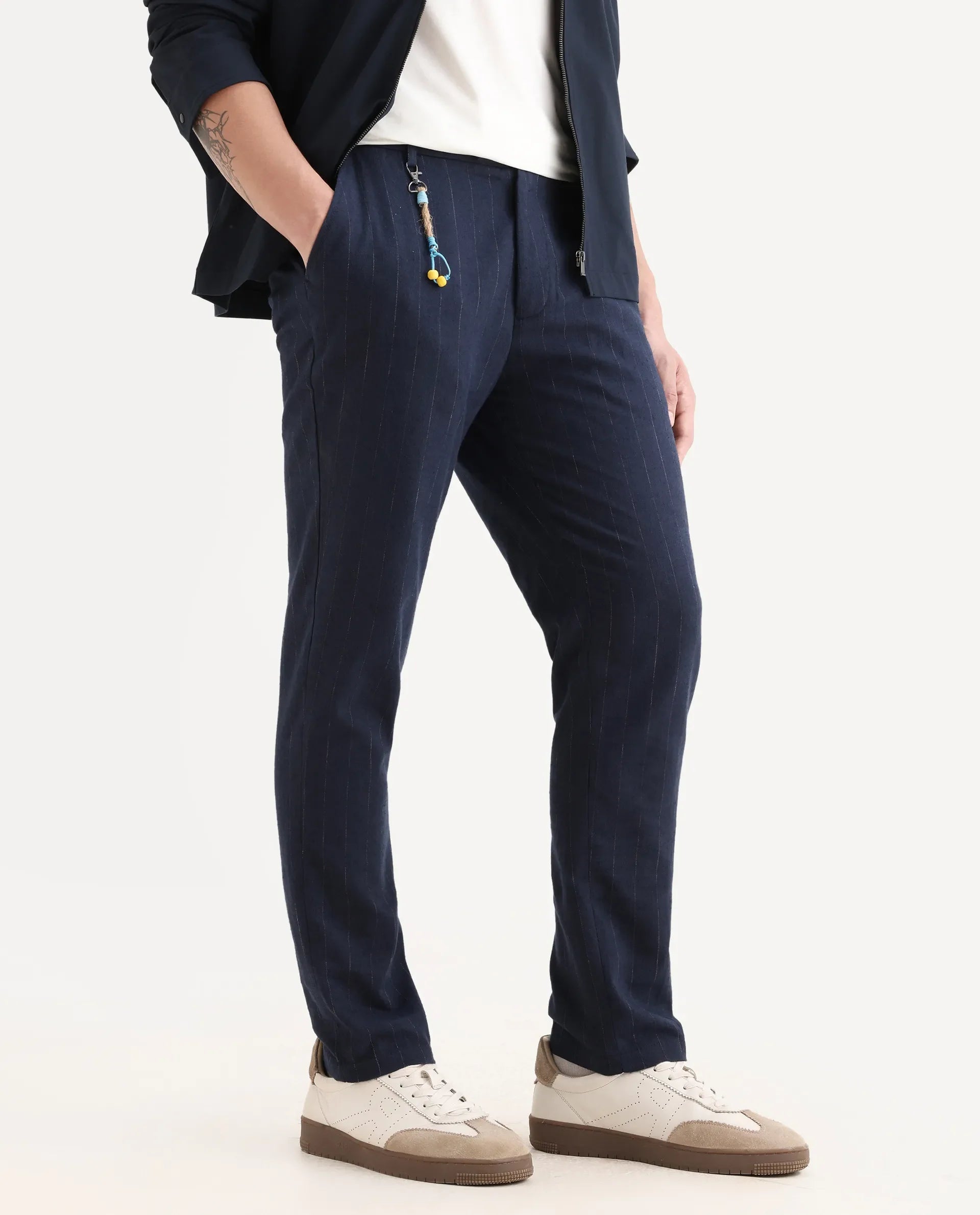 Rare Rabbit Men's Jlo Blue Cotton Blend Striped Print Relaxed Fit Trouser