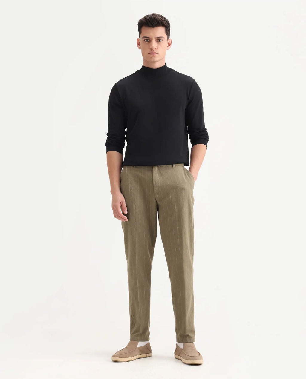 Rare Rabbit Men's Jlo Khaki Cotton Blend Striped Print Relaxed Fit Trouser