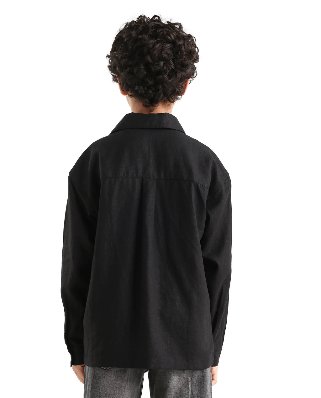 Rare Ones Kids Jomok-T Black Linen Blend Button Closure Flat Collar Plain Full Sleeves Regular Fit Jacket