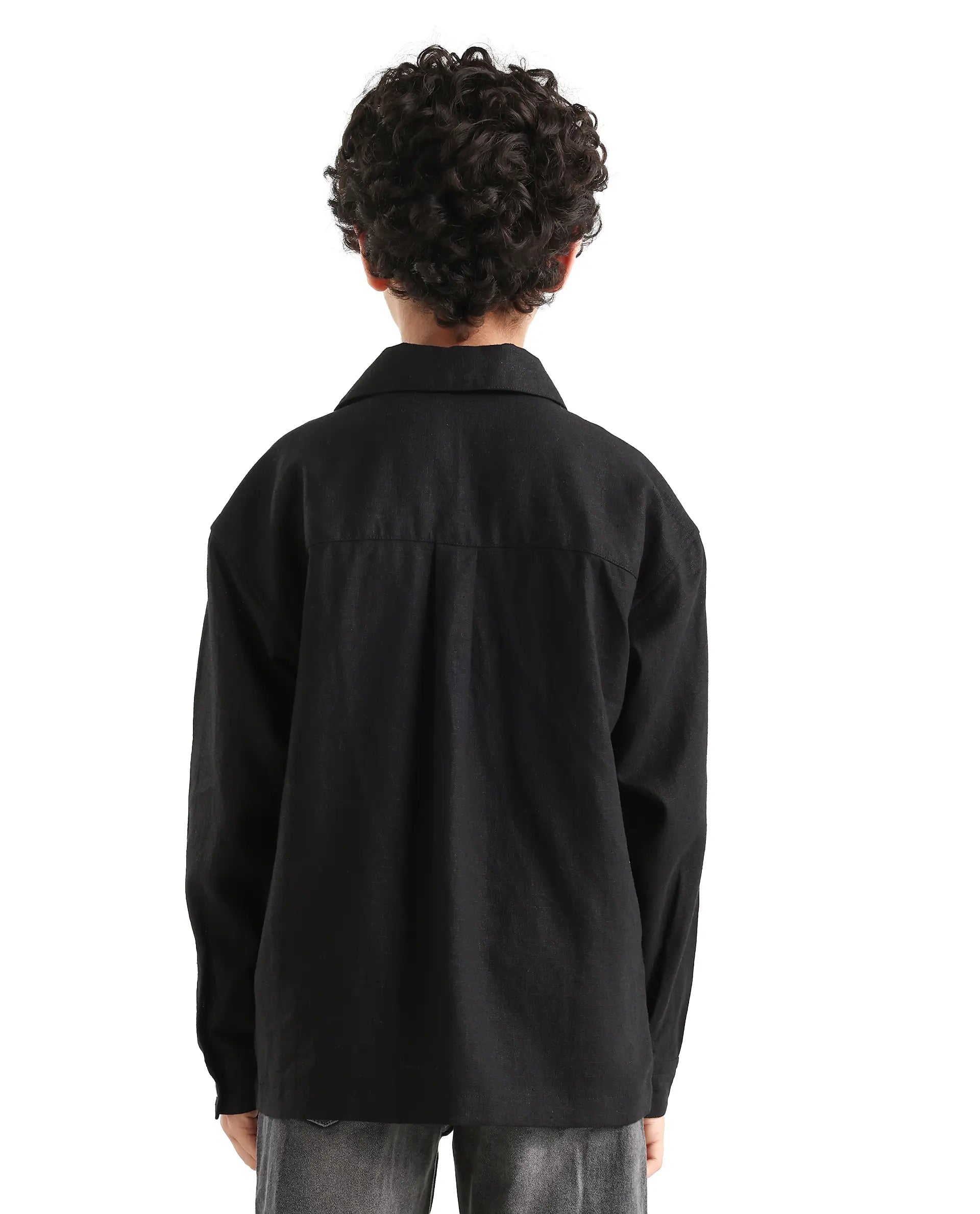 Rare Ones Kids Jomok-T Black Linen Blend Button Closure Flat Collar Plain Full Sleeves Regular Fit Jacket