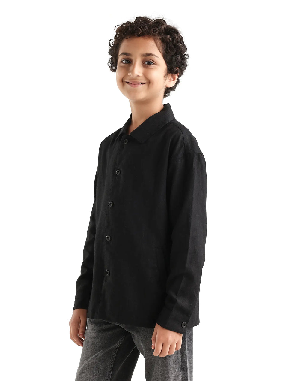Rare Ones Kids Jomok-T Black Linen Blend Button Closure Flat Collar Plain Full Sleeves Regular Fit Jacket