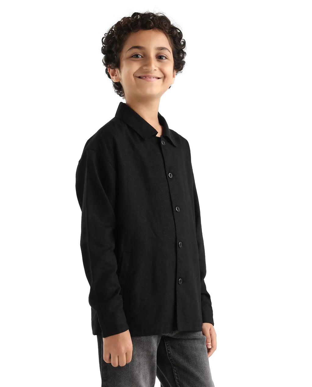 Rare Ones Kids Jomok-T Black Linen Blend Button Closure Flat Collar Plain Full Sleeves Regular Fit Jacket