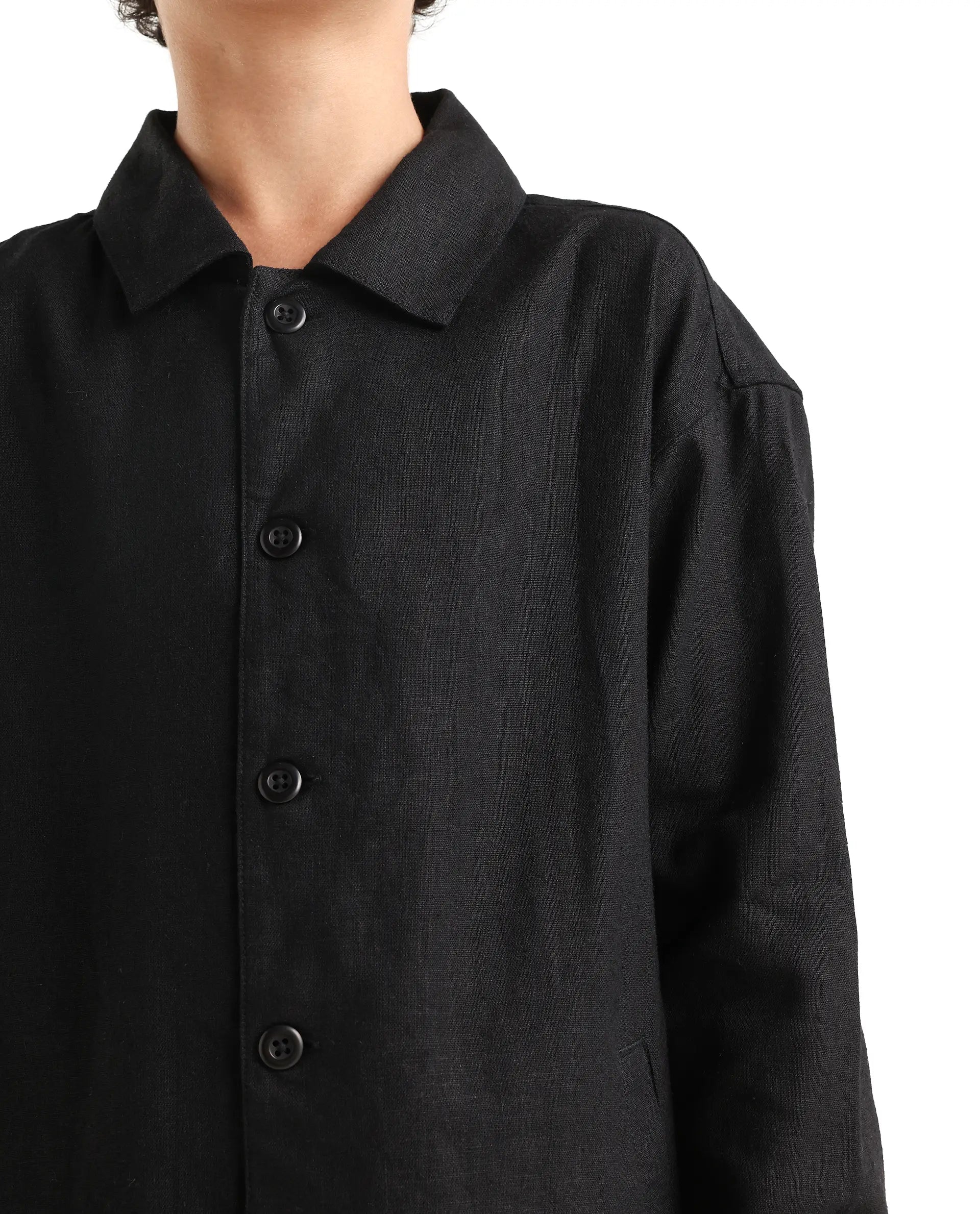 Rare Ones Kids Jomok-T Black Linen Blend Button Closure Flat Collar Plain Full Sleeves Regular Fit Jacket