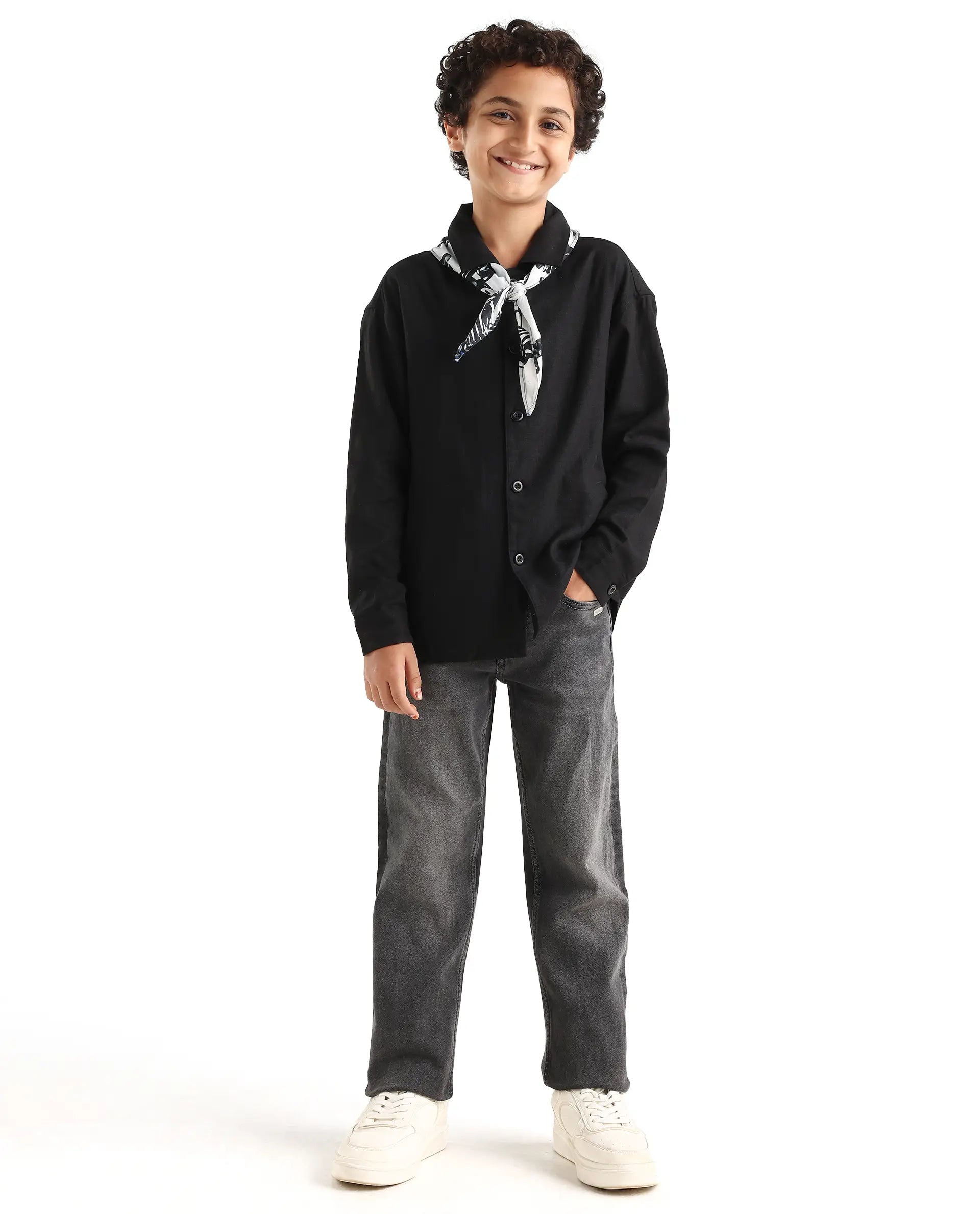 Rare Ones Kids Jomok-T Black Linen Blend Button Closure Flat Collar Plain Full Sleeves Regular Fit Jacket