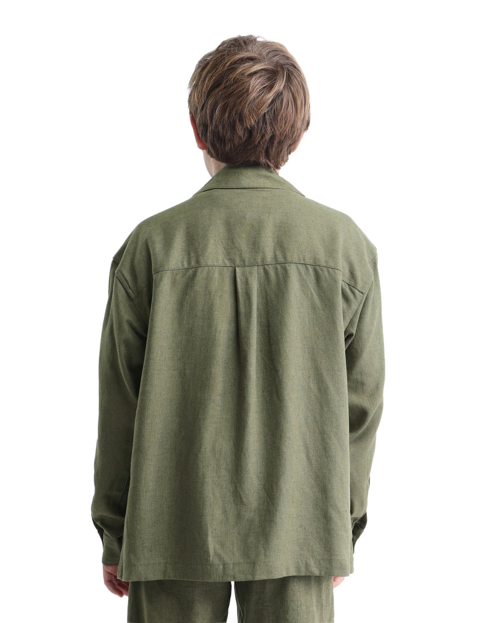 Rare Ones Kids Jomok-T Olive Linen Blend Button Closure Flat Collar Plain Full Sleeves Regular Fit Jacket
