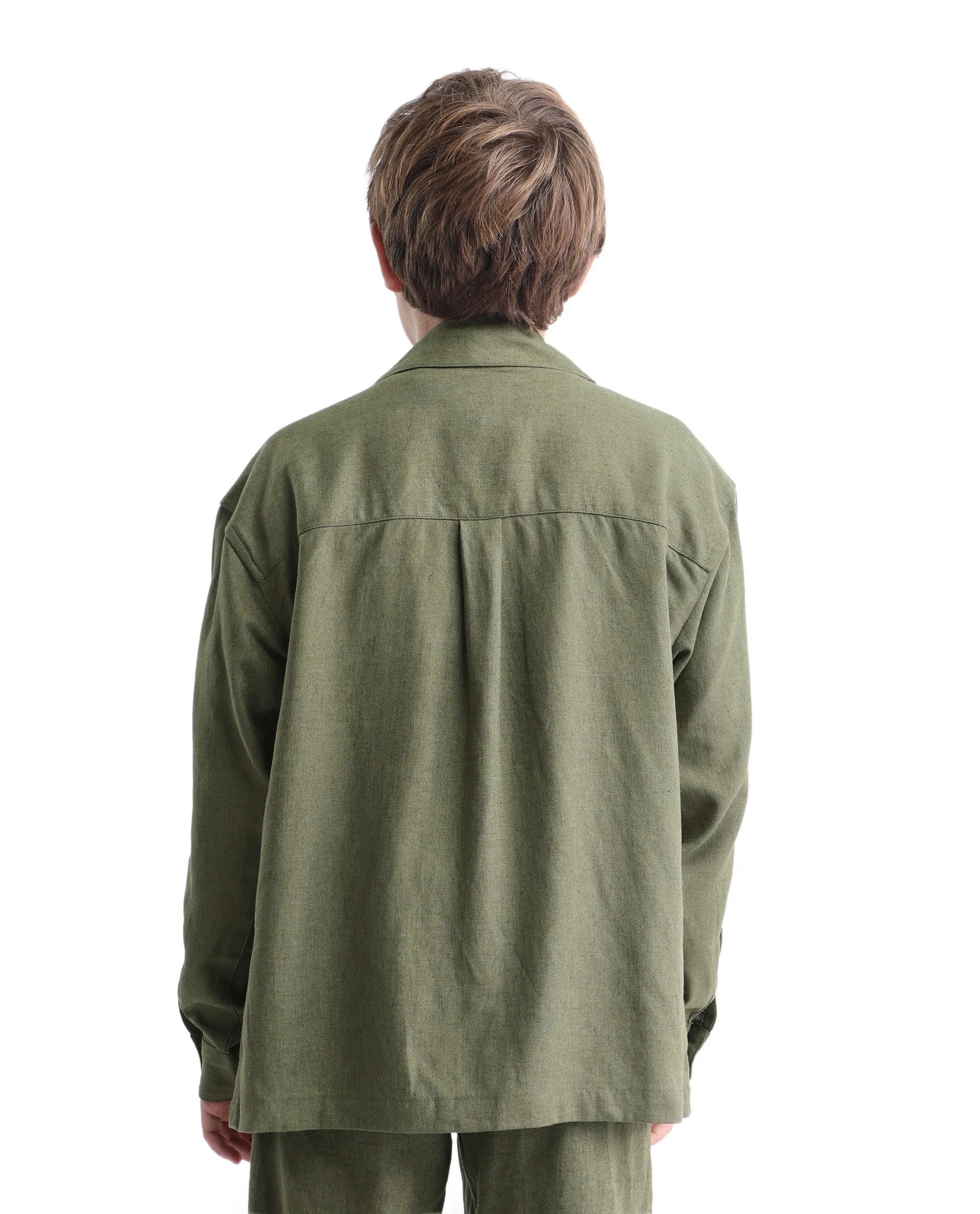 Rare Ones Kids Jomok-T Olive Linen Blend Button Closure Flat Collar Plain Full Sleeves Regular Fit Jacket