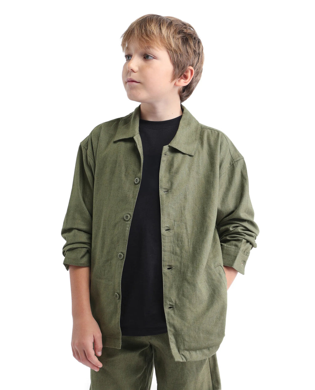 Rare Ones Kids Jomok-T Olive Linen Blend Button Closure Flat Collar Plain Full Sleeves Regular Fit Jacket