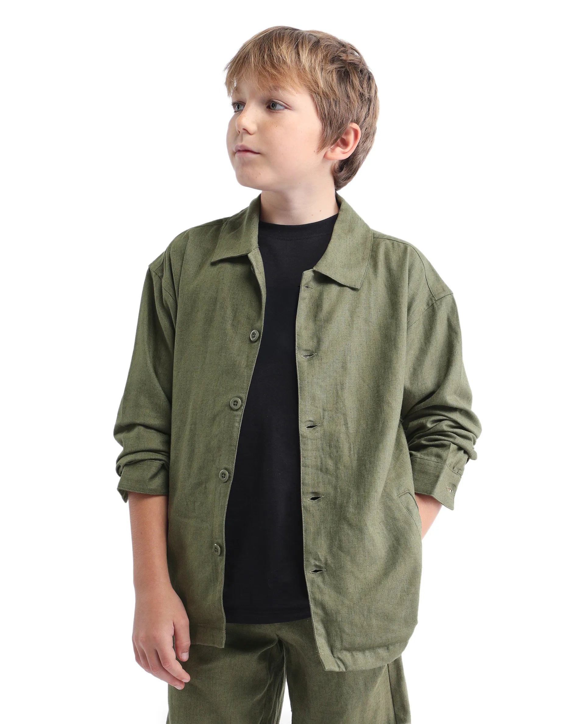 Rare Ones Kids Jomok-T Olive Linen Blend Button Closure Flat Collar Plain Full Sleeves Regular Fit Jacket
