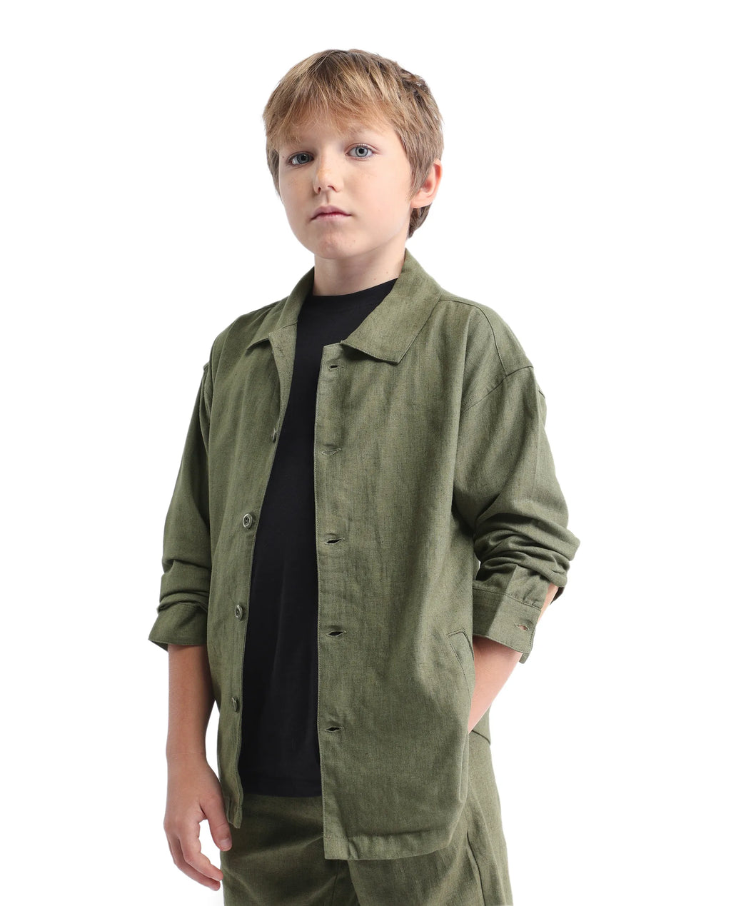 Rare Ones Kids Jomok-T Olive Linen Blend Button Closure Flat Collar Plain Full Sleeves Regular Fit Jacket