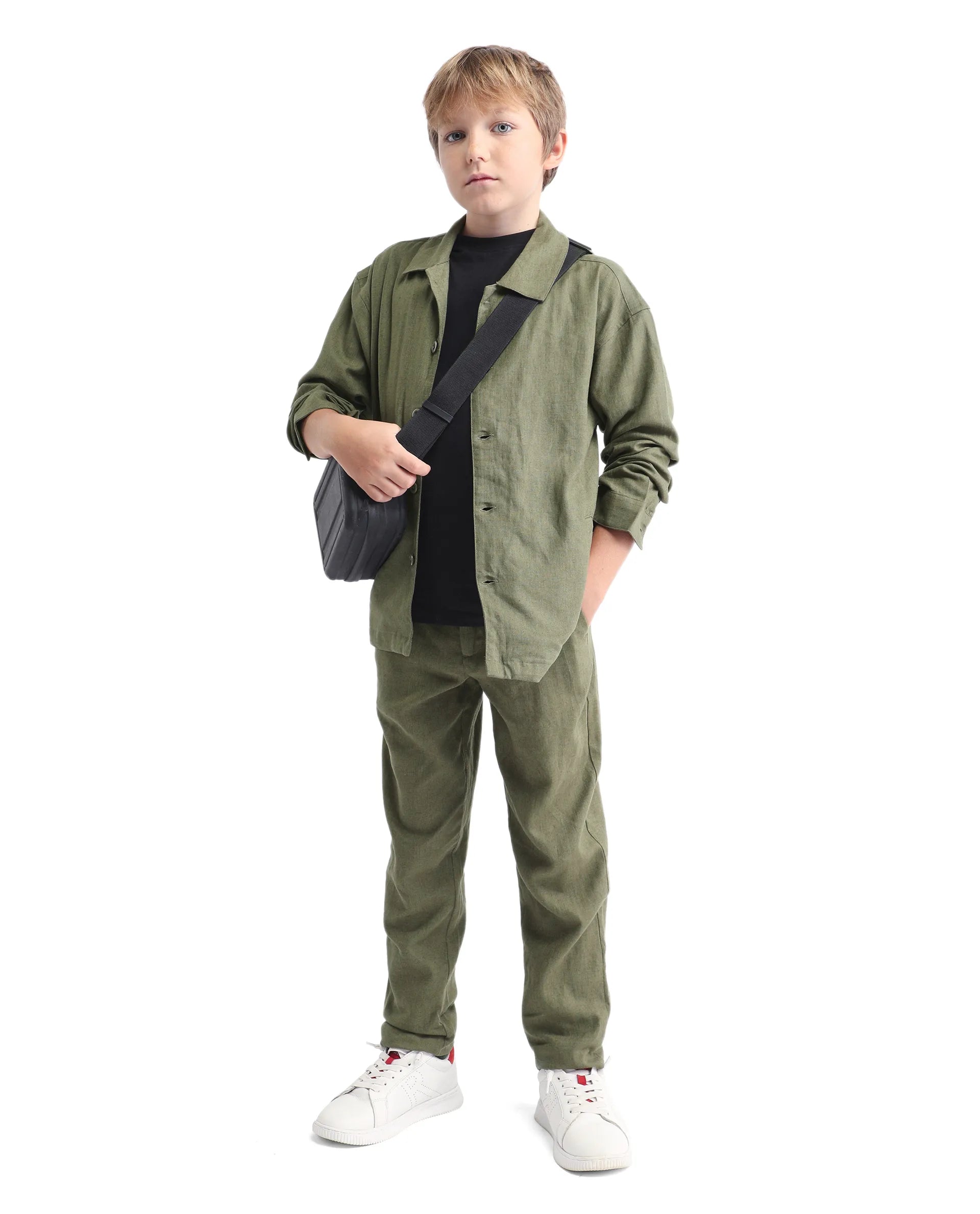 Rare Ones Kids Jomok-T Olive Linen Blend Button Closure Flat Collar Plain Full Sleeves Regular Fit Jacket