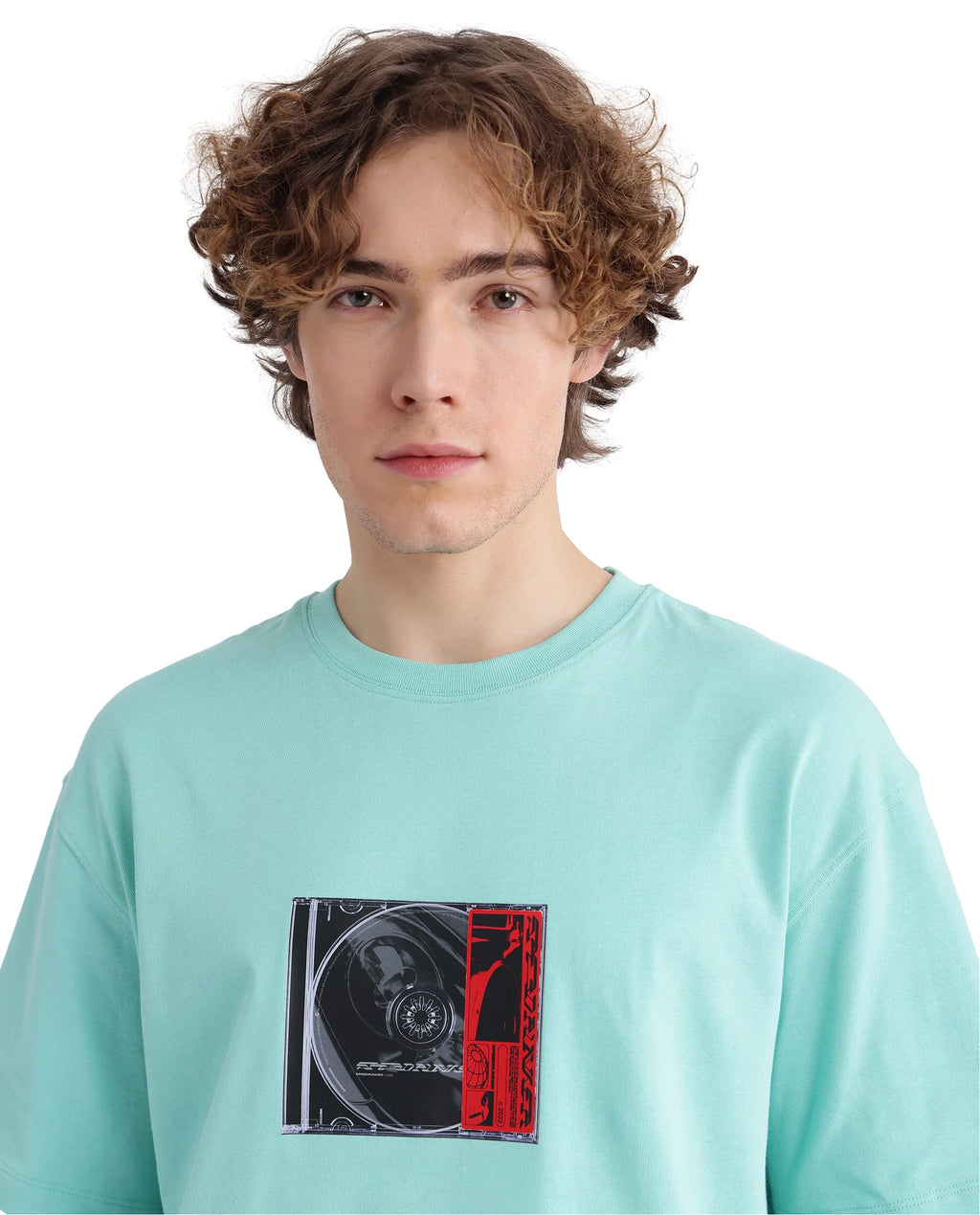 Rare Rabbit Men's Just Light Green Cotton Graphic Print Boxy Fit Half Sleeve Crew Neck T-Shirt
