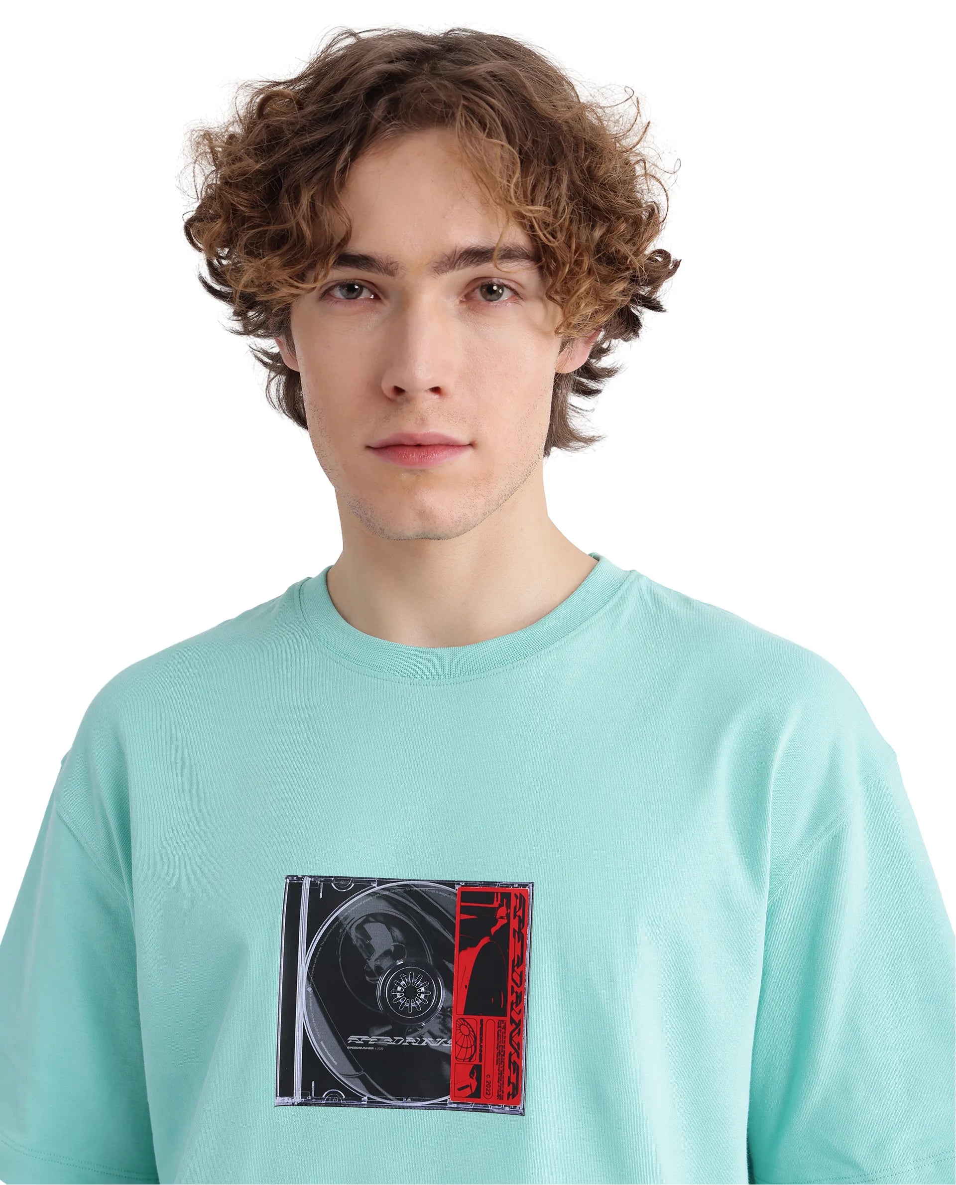 Rare Rabbit Men's Just Light Green Cotton Graphic Print Boxy Fit Half Sleeve Crew Neck T-Shirt