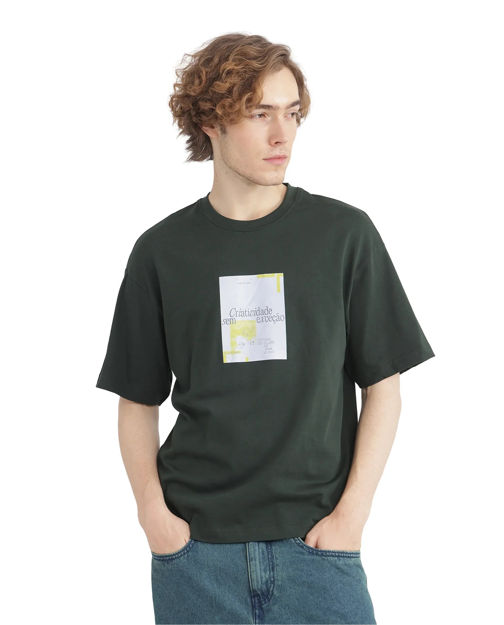 Rare Rabbit Men's Justin Dark Olive Cotton Graphic Print Boxy Fit Half Sleeve Crew Neck T-Shirt