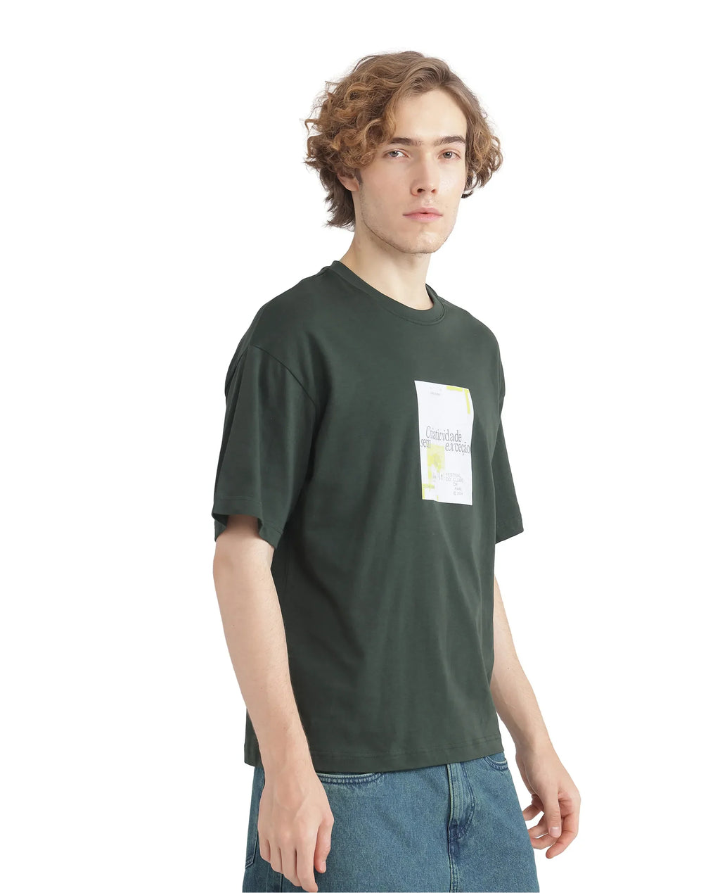 Rare Rabbit Men's Justin Dark Olive Cotton Graphic Print Boxy Fit Half Sleeve Crew Neck T-Shirt