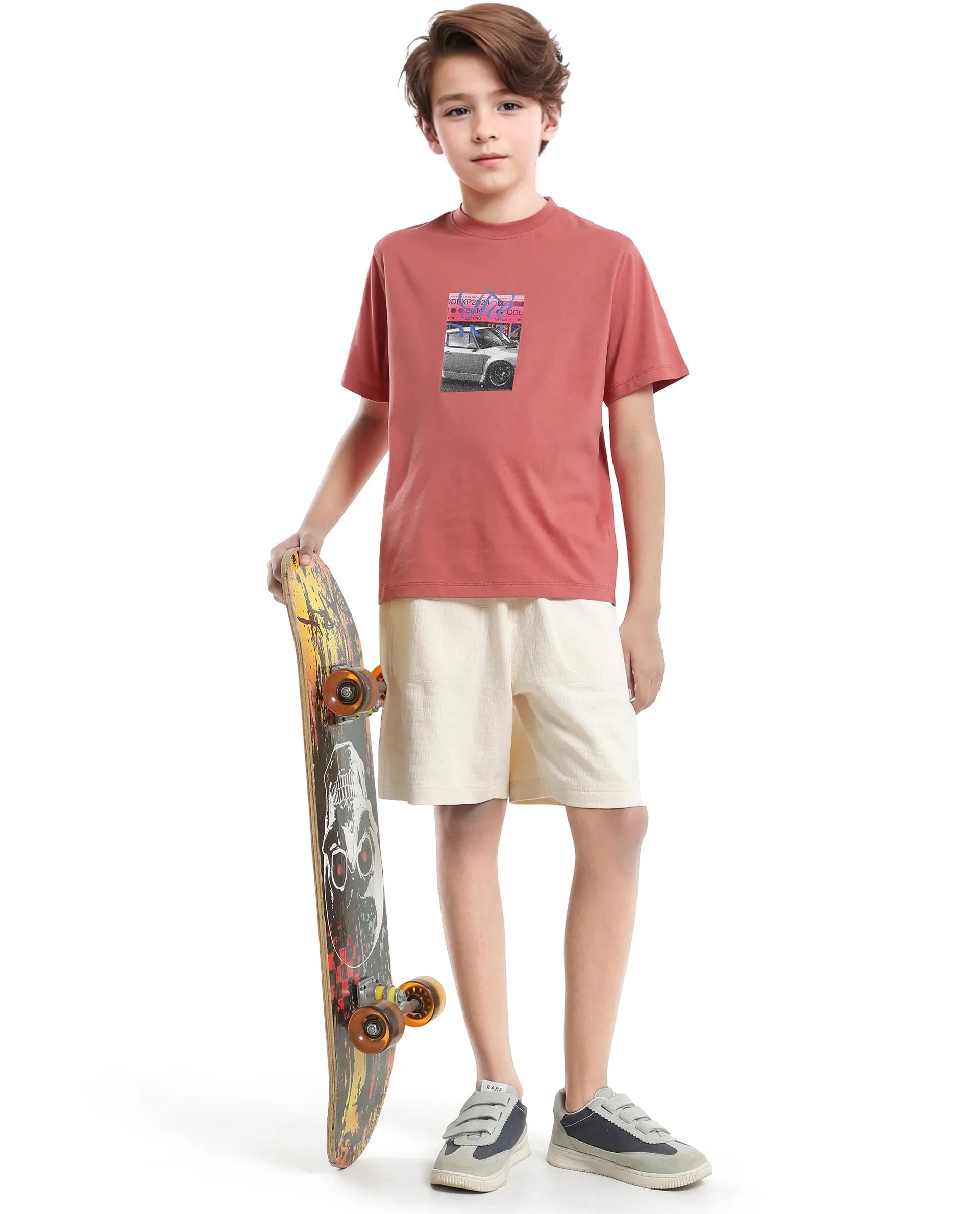 Rare Ones Kids Just-K Light Red Cotton Solid Slip-On Regular Fit T-Shirt