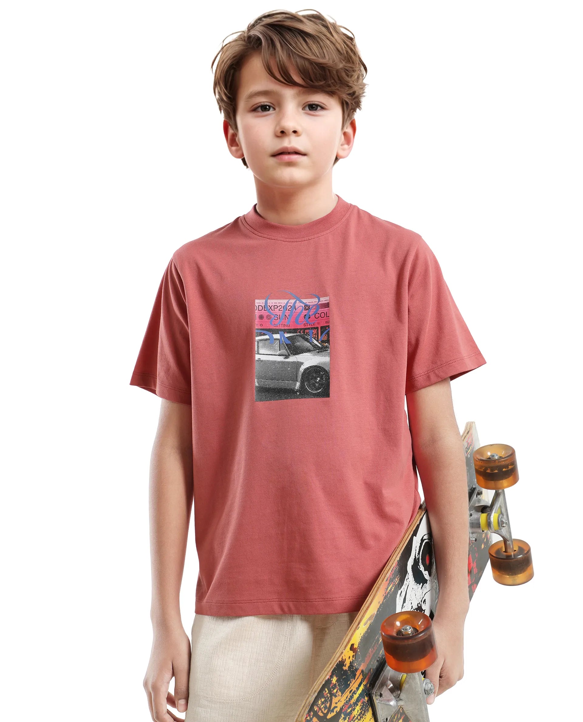 Rare Ones Kids Just-K Light Red Cotton Solid Slip-On Regular Fit T-Shirt