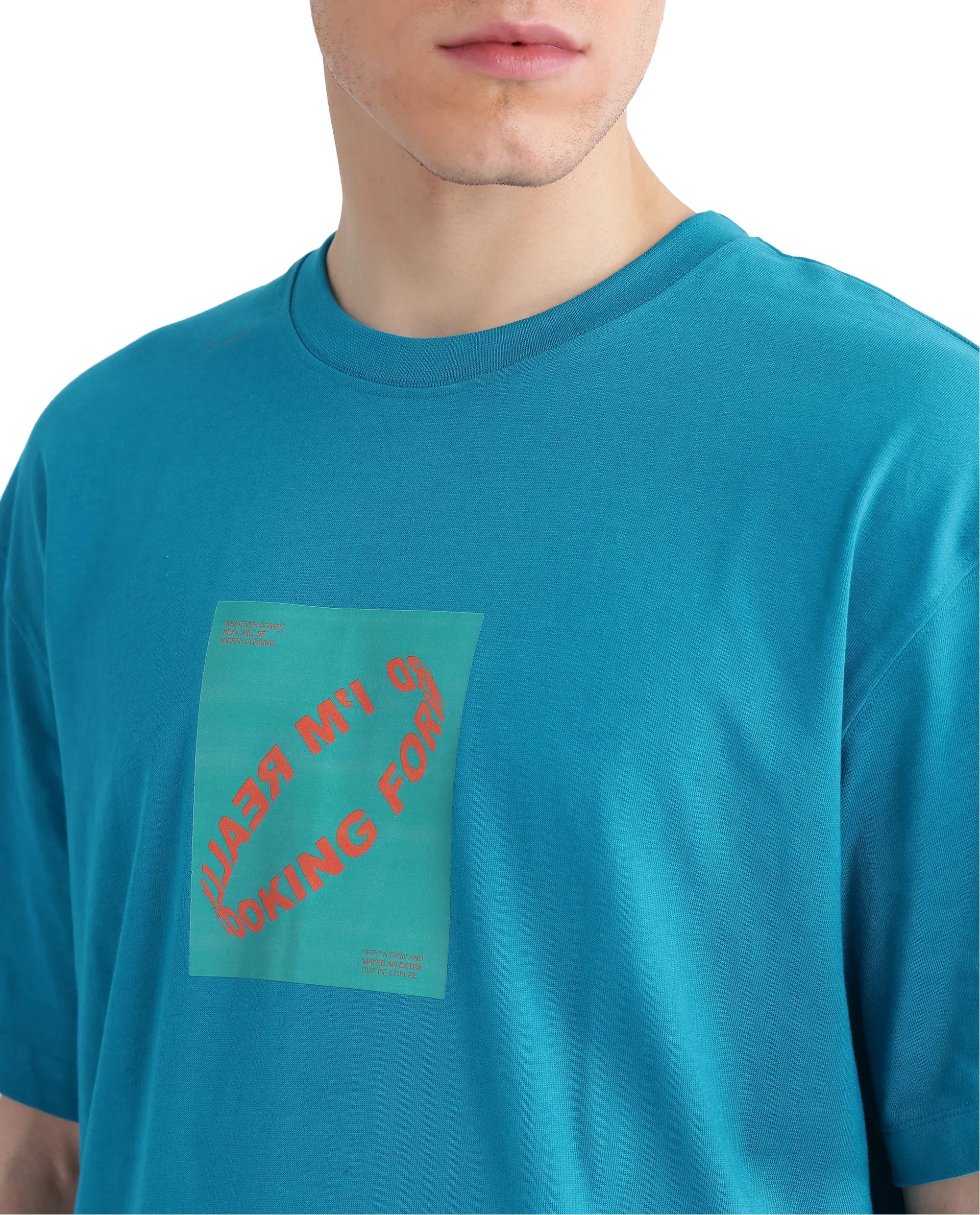 Rare Rabbit Men's Just Teal Cotton Graphic Print Boxy Fit Half Sleeve Crew Neck T-Shirt