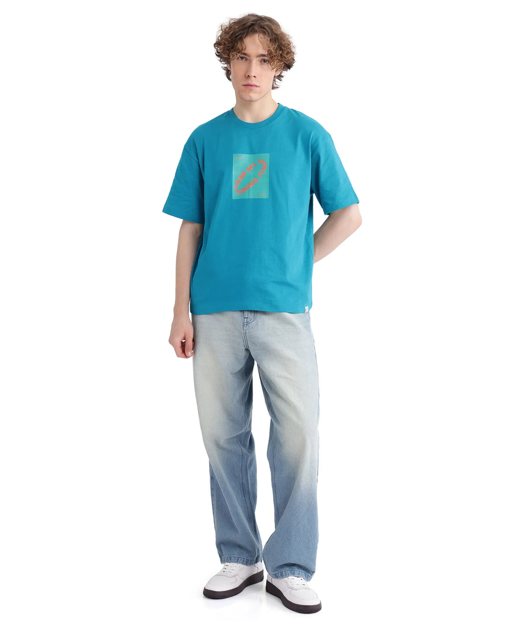 Rare Rabbit Men's Just Teal Cotton Graphic Print Boxy Fit Half Sleeve Crew Neck T-Shirt