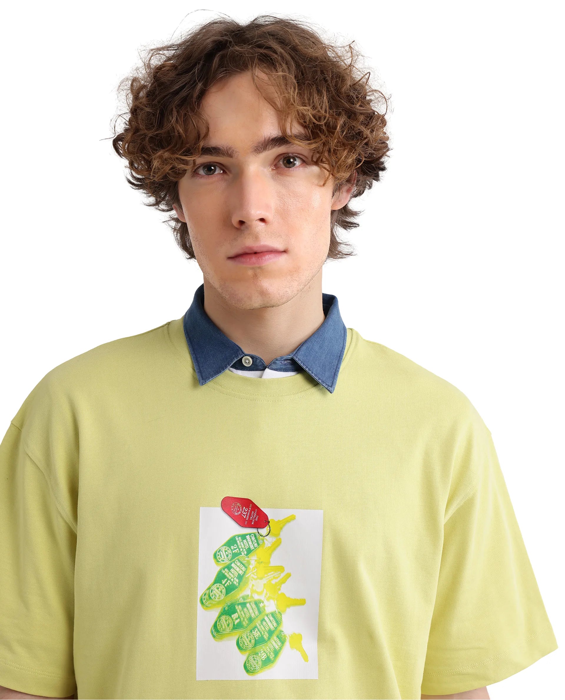 Rare Rabbit Men's Just Light Yellow Cotton Graphic Print Boxy Fit Half Sleeve Crew Neck T-Shirt