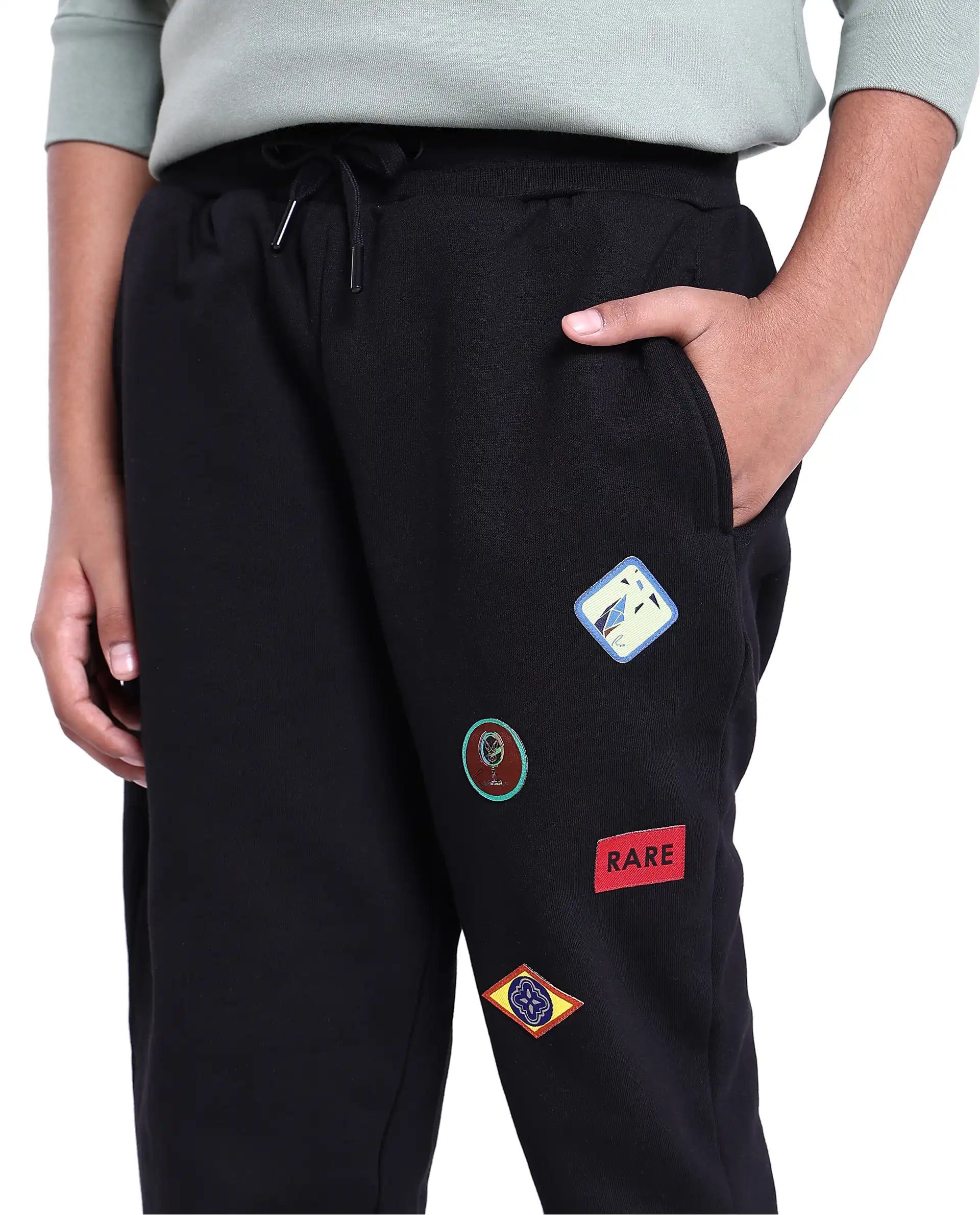 Rare Ones Kids Karo Black Cotton Poly Drawstring Applique Trackpant