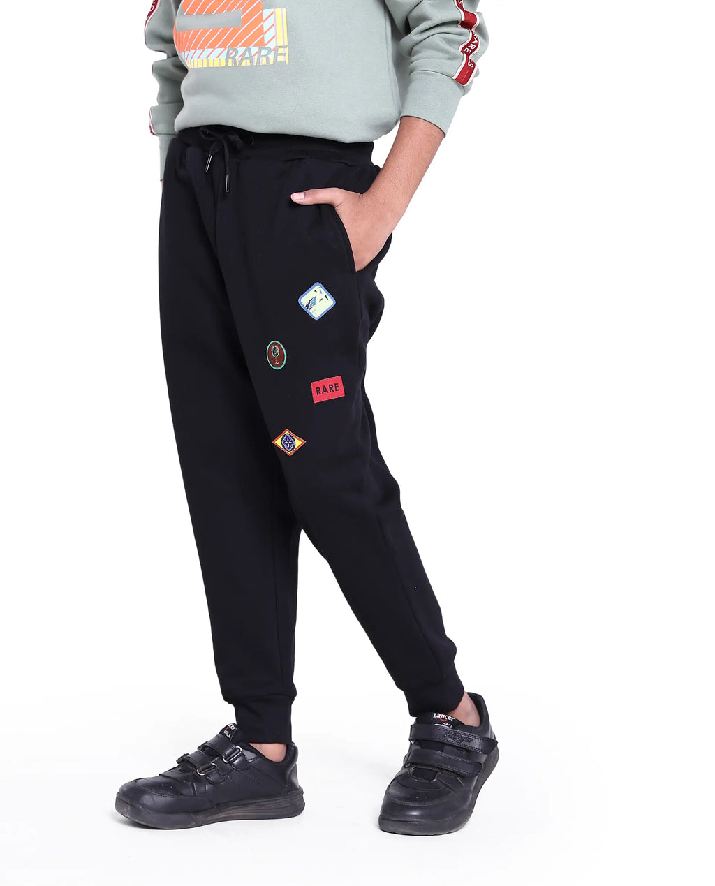 Rare Ones Kids Karo Black Cotton Poly Drawstring Applique Trackpant