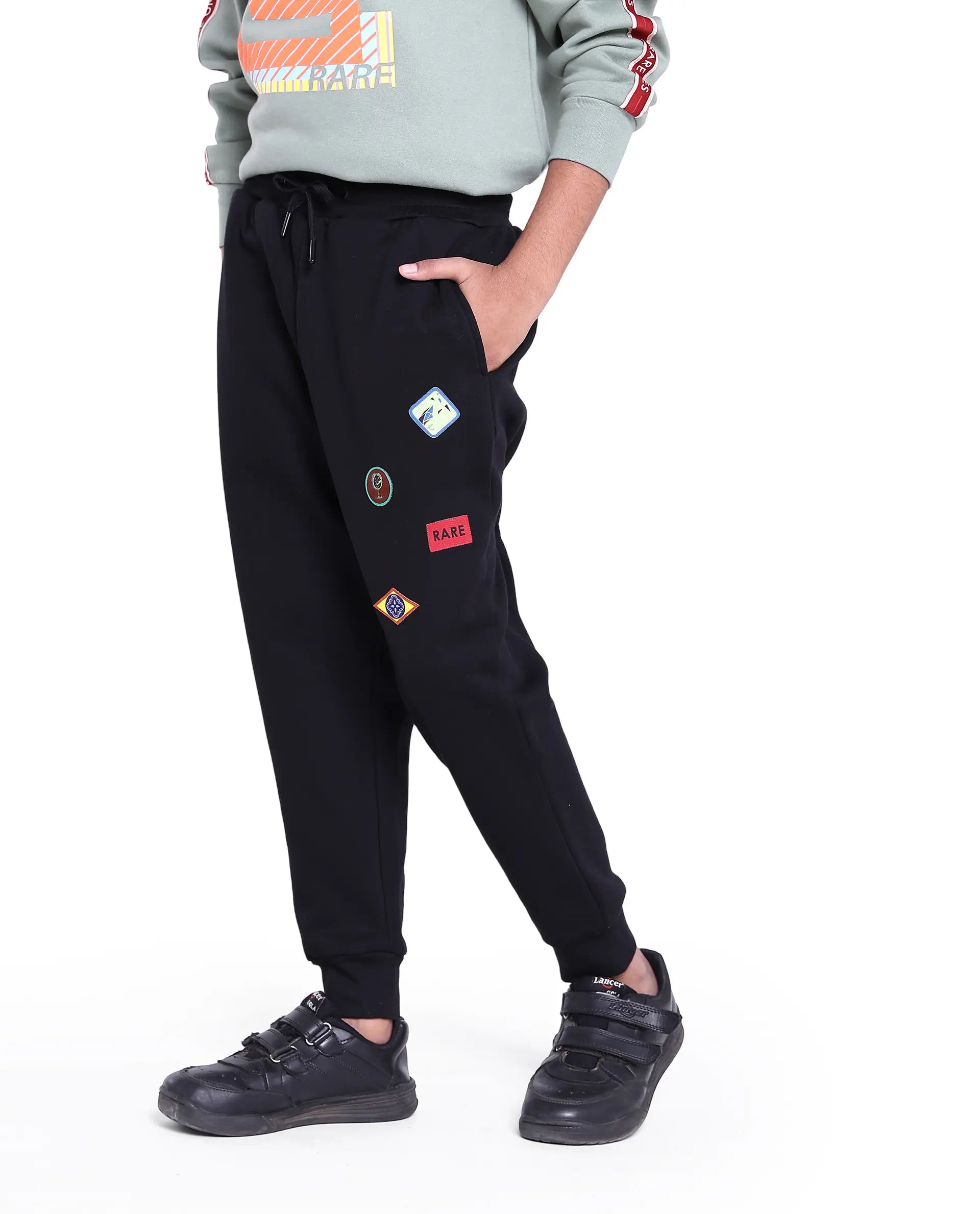 Rare Ones Kids Karo Black Cotton Poly Drawstring Applique Trackpant