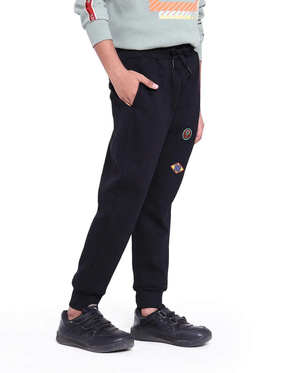 Rare Ones Kids Karo Black Cotton Poly Drawstring Applique Trackpant