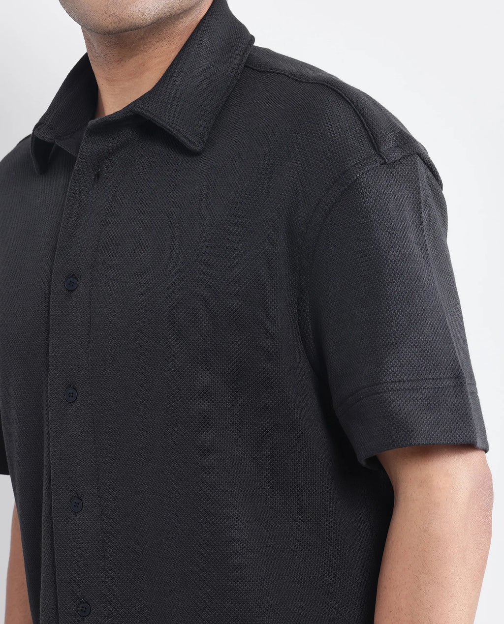 Rare Rabbit Men's Kash Black Viscose Plain Boxy Fit Half Sleeve Collared Shirt