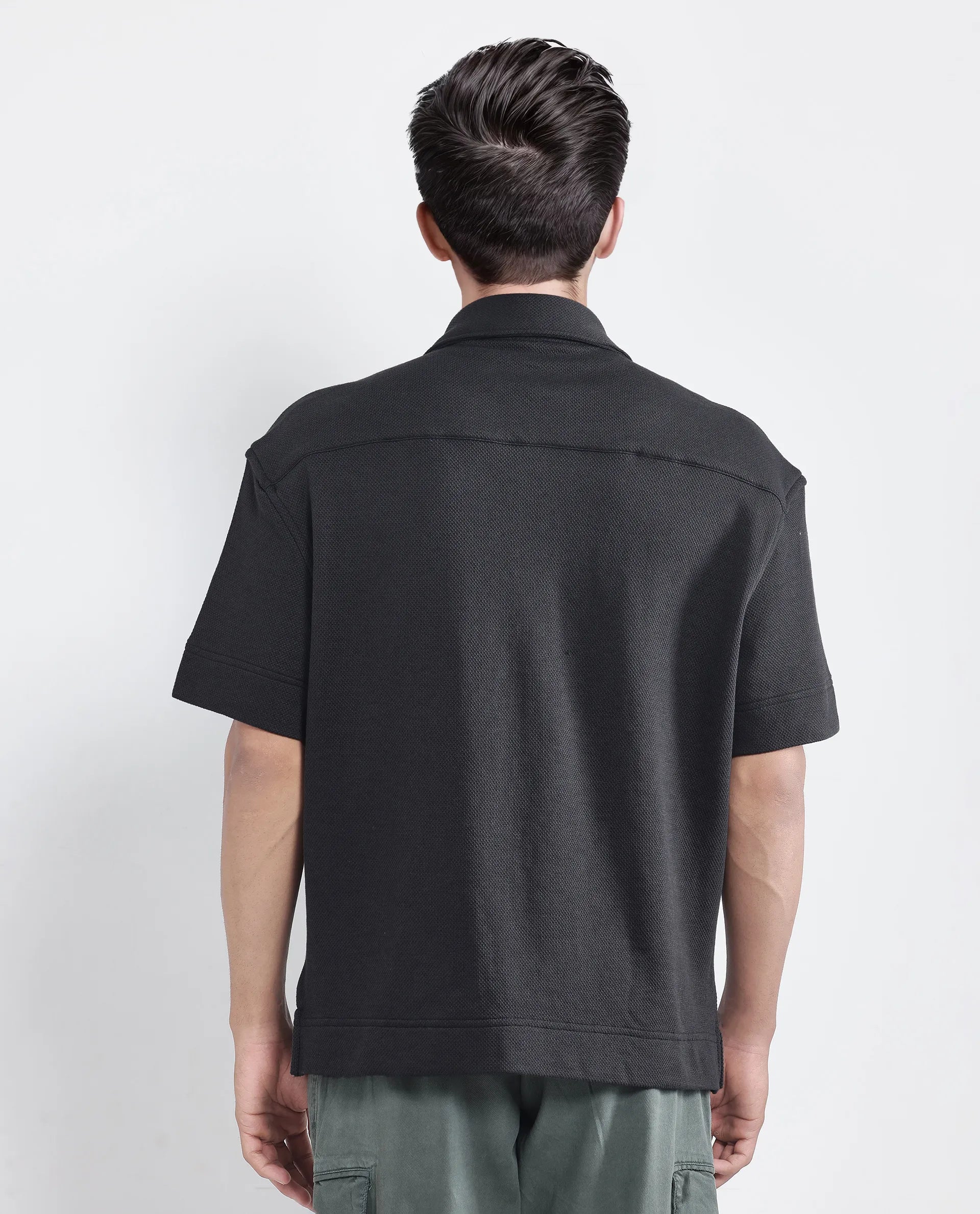 Rare Rabbit Men's Kash Black Viscose Plain Boxy Fit Half Sleeve Collared Shirt