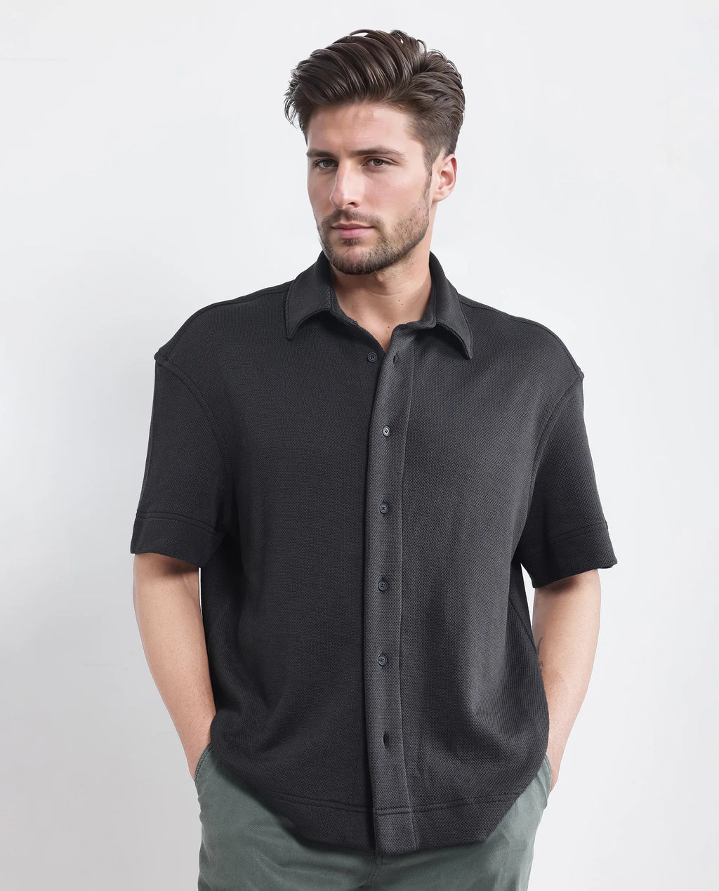 Rare Rabbit Men's Kash Black Viscose Plain Boxy Fit Half Sleeve Collared Shirt