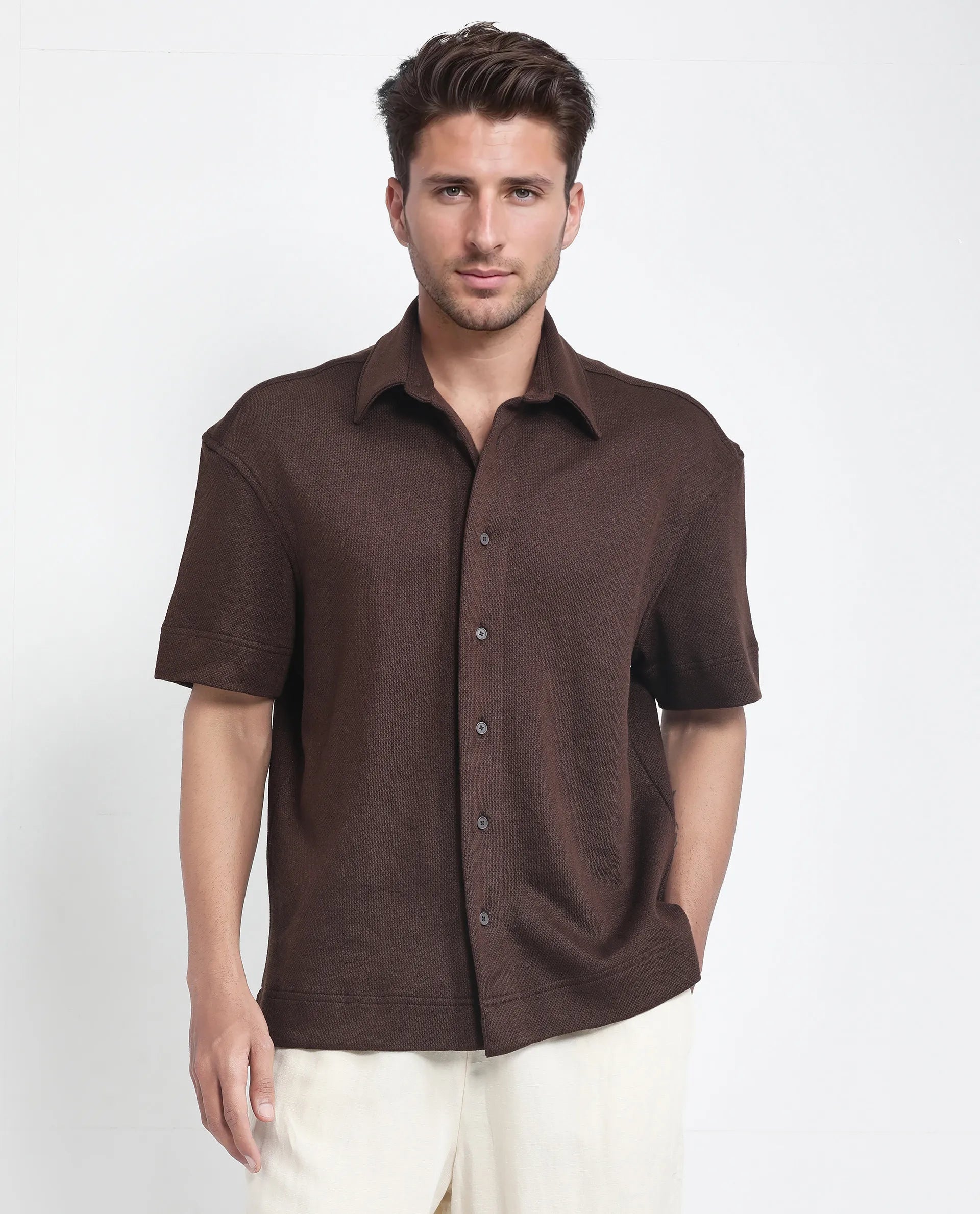 Rare Rabbit Men's Kash Brown Viscose Plain Boxy Fit Half Sleeve Collared Shirt