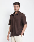 Rare Rabbit Men's Kash Brown Viscose Plain Boxy Fit Half Sleeve Collared Shirt