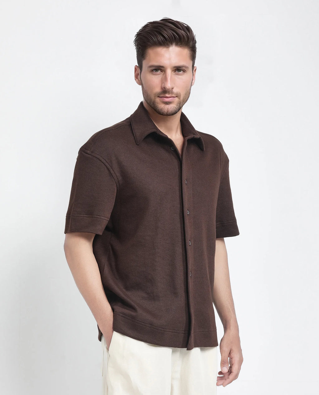 Rare Rabbit Men's Kash Brown Viscose Plain Boxy Fit Half Sleeve Collared Shirt