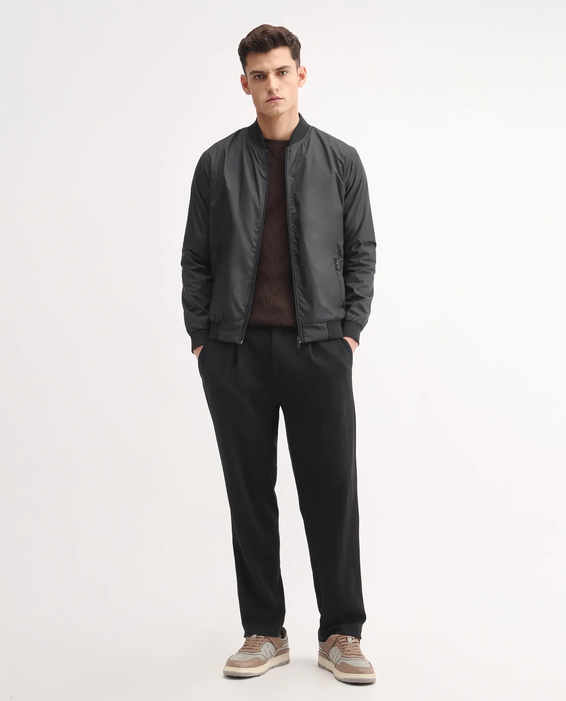 Rare Rabbit Men's Keloe Black Cotton Blend Plain Relaxed Fit Trouser