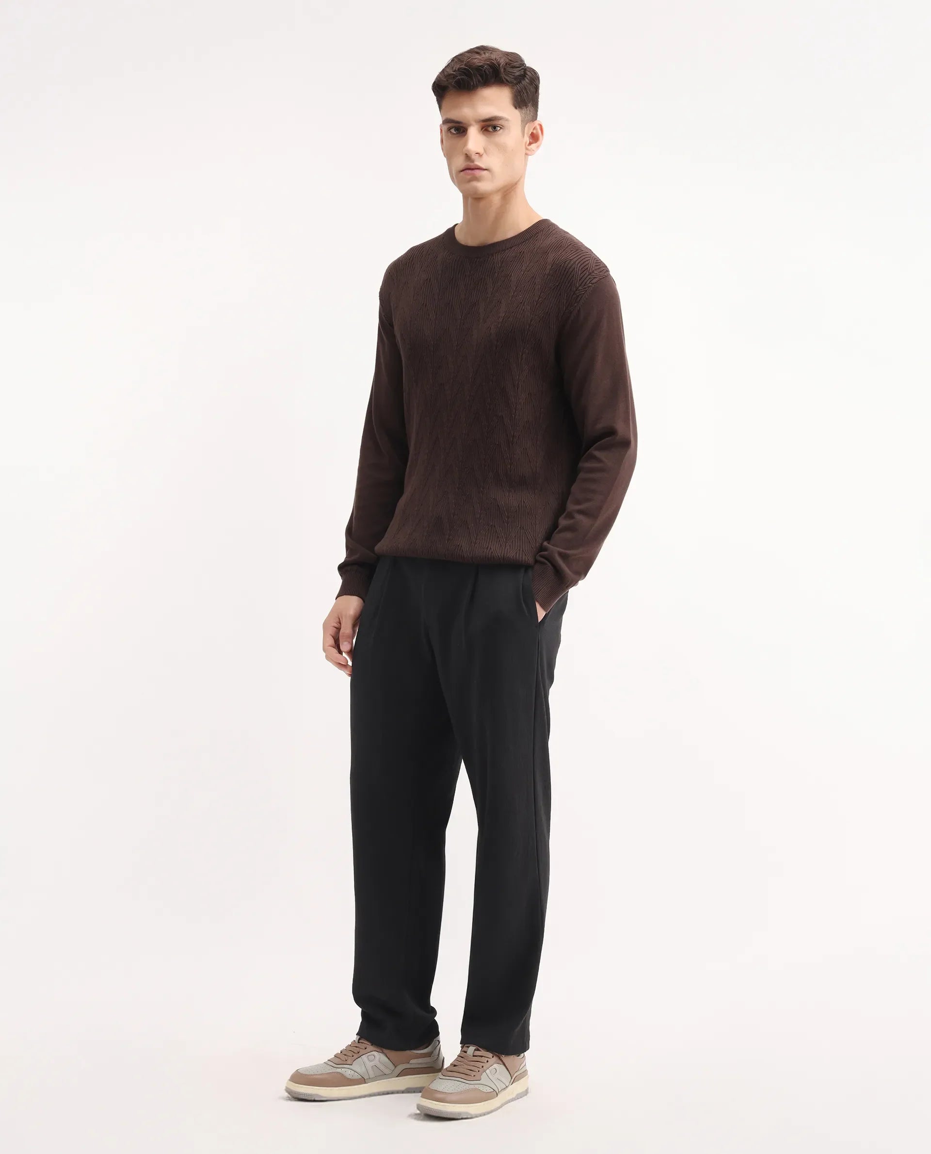 Rare Rabbit Men's Keloe Black Cotton Blend Plain Relaxed Fit Trouser